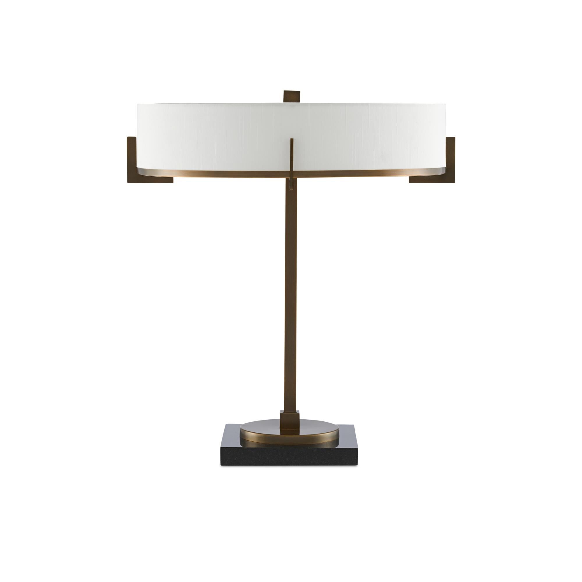 Shown in Antique Brass - Black finish and Off White Shantung shade