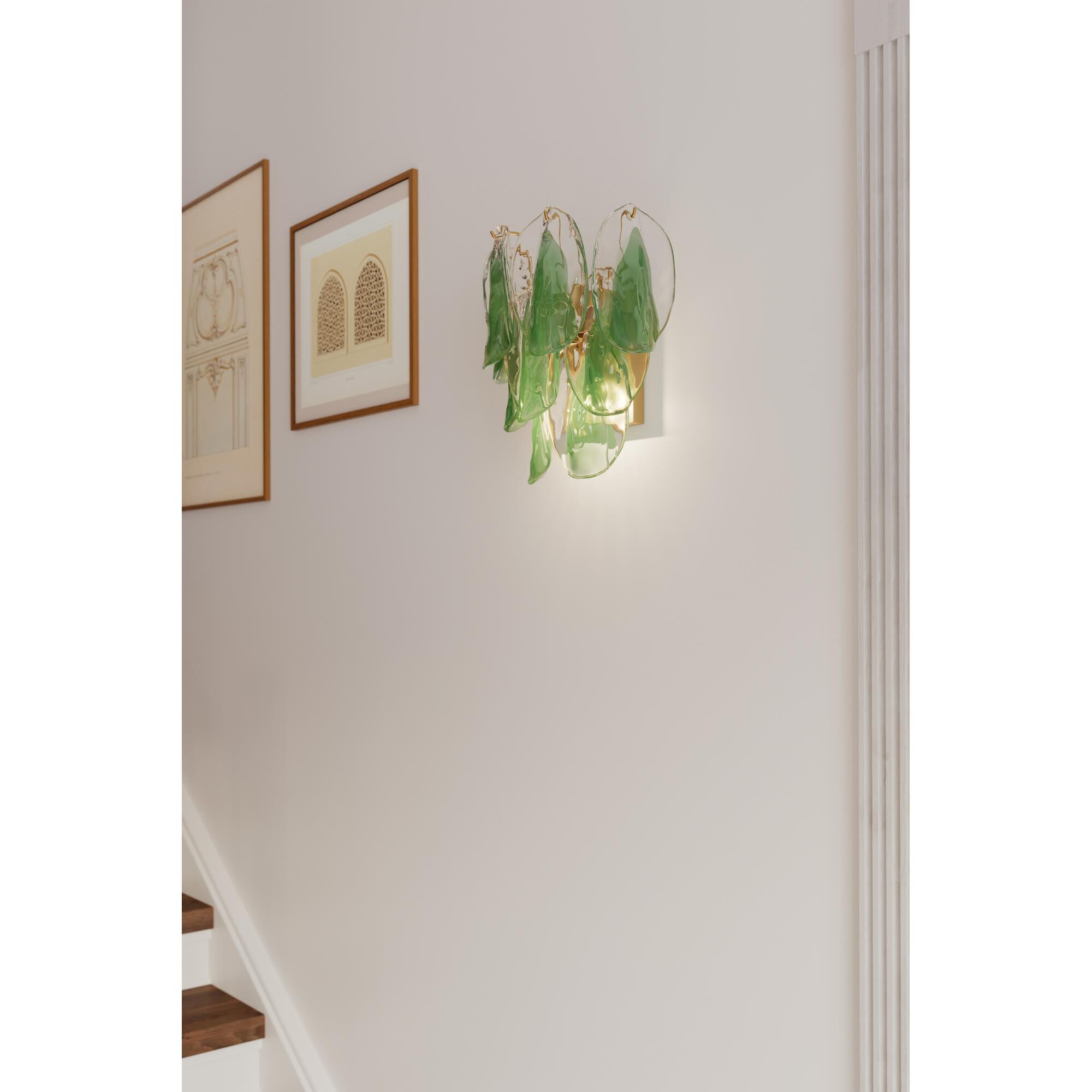 Shown in Legacy Brass finish and Green and Clear Hand-Formed glass