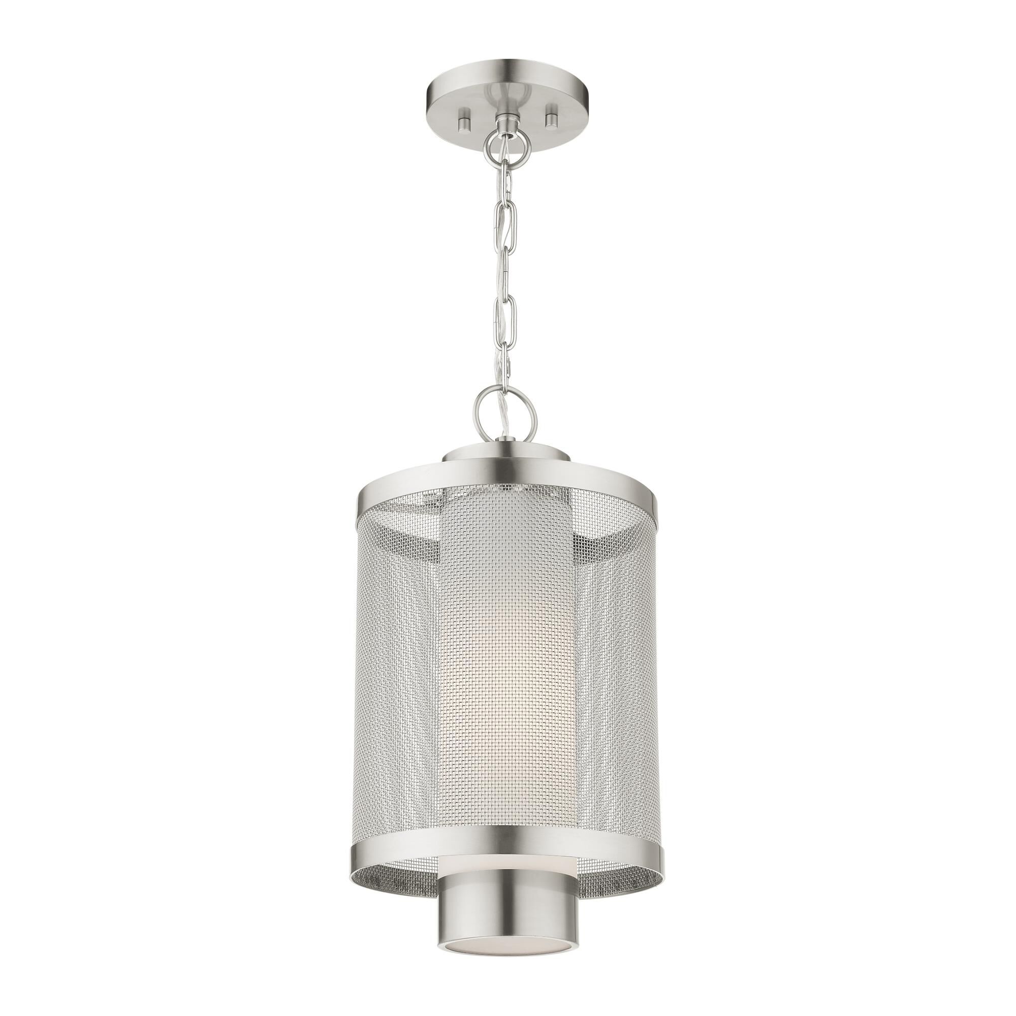 Shown in Brushed Nickel finish and Brushed Nickel Stainless Steel Mesh With Satin Opal White glass and Brushed Nickel Stainless Steel Mesh With Satin Opal White Glass shade