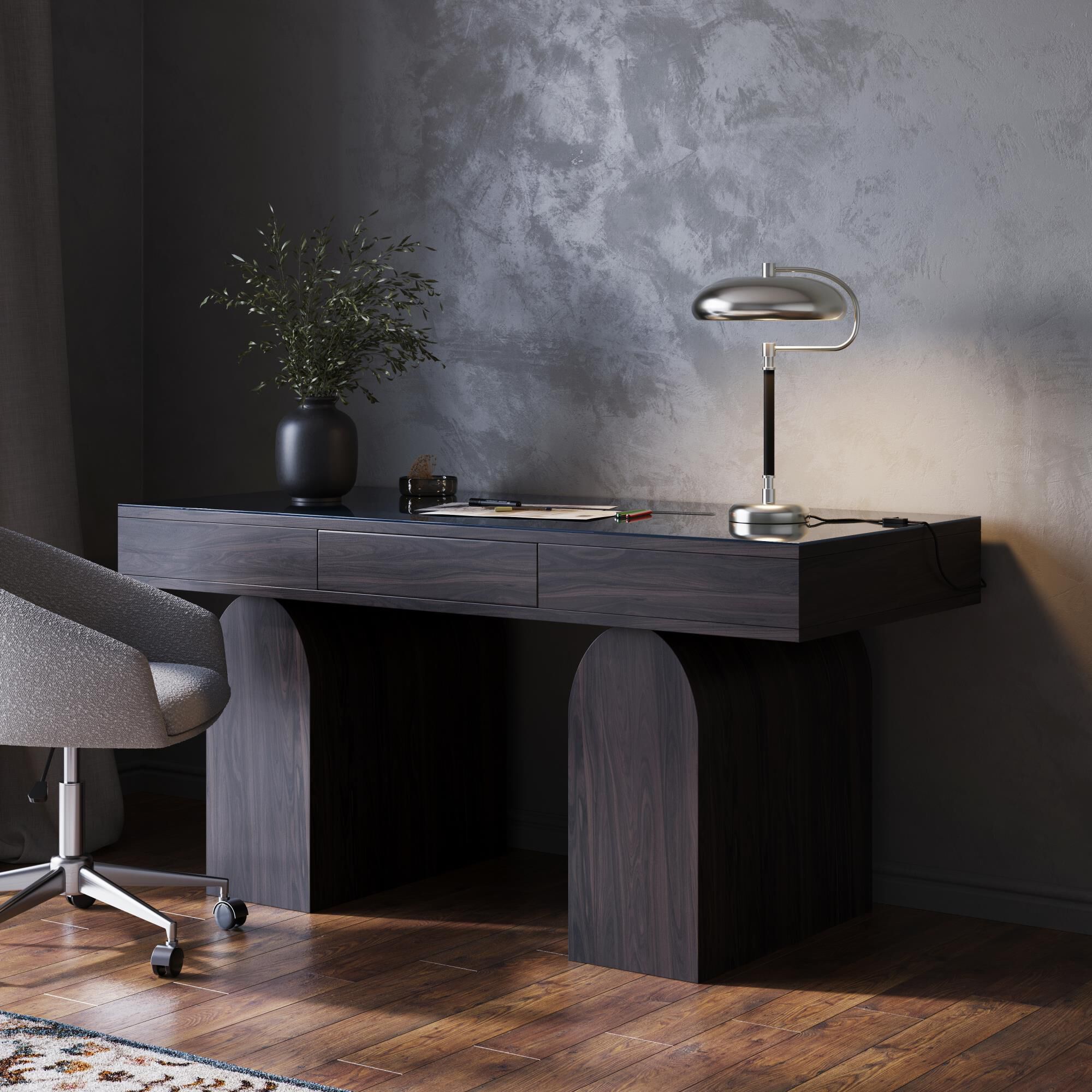 Shown in Polished Nickel finish and Black Leather shade