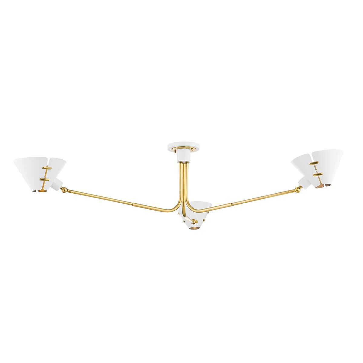 Shown in Aged Brass and Soft White finish and White and Aged Brass shade