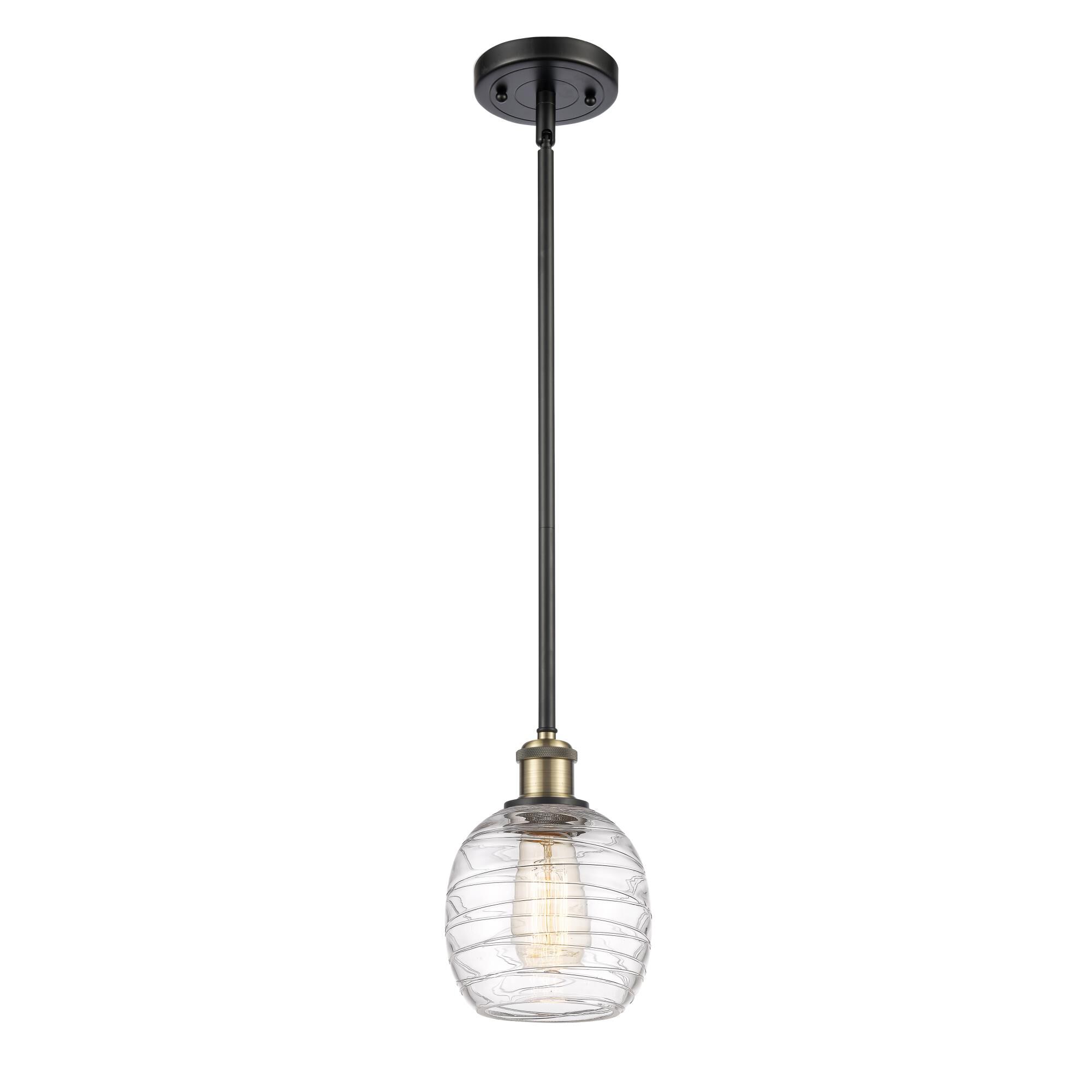 Shown in Black Antique Brass finish and Deco Swirl glass