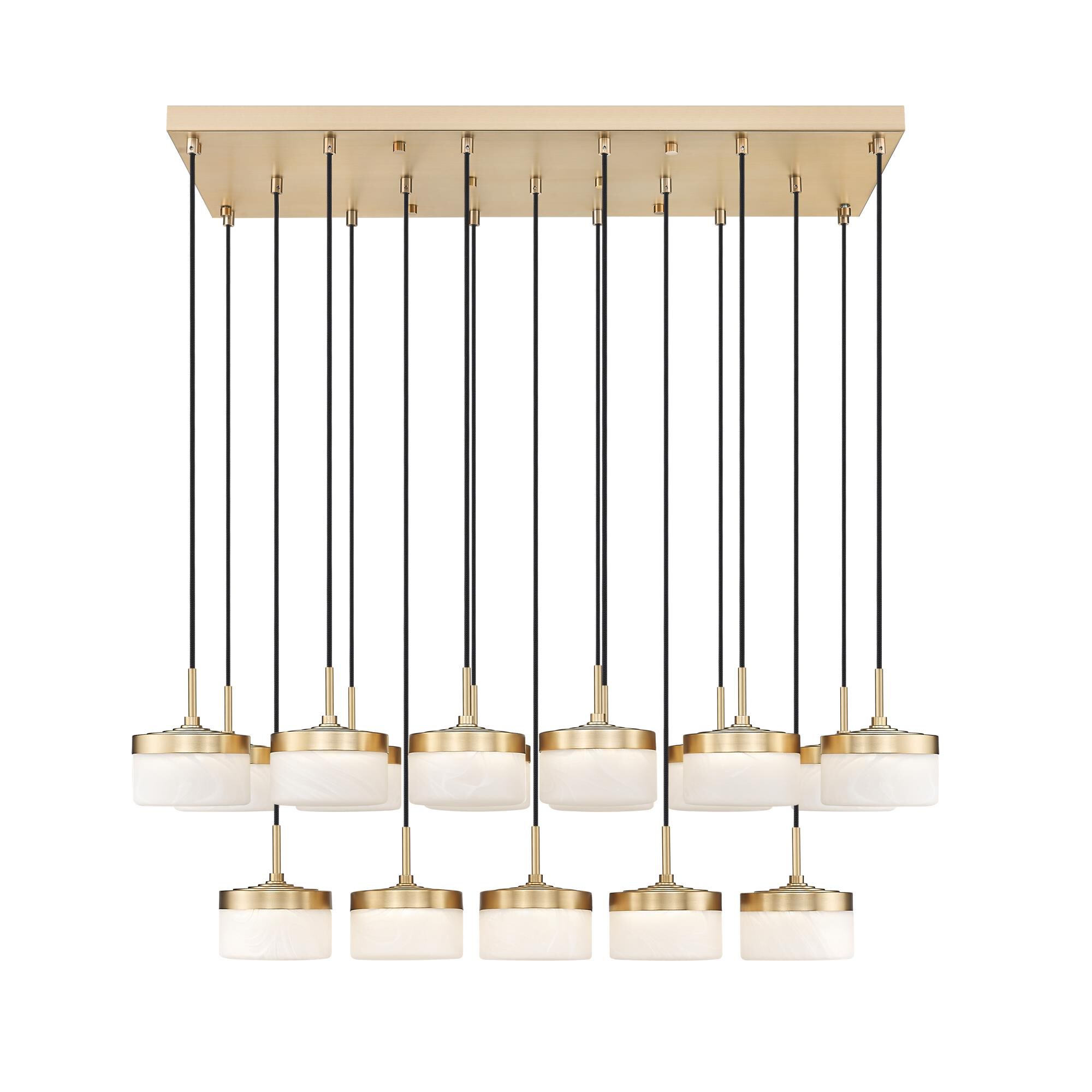 Shown in Modern Gold finish and Feathered White glass