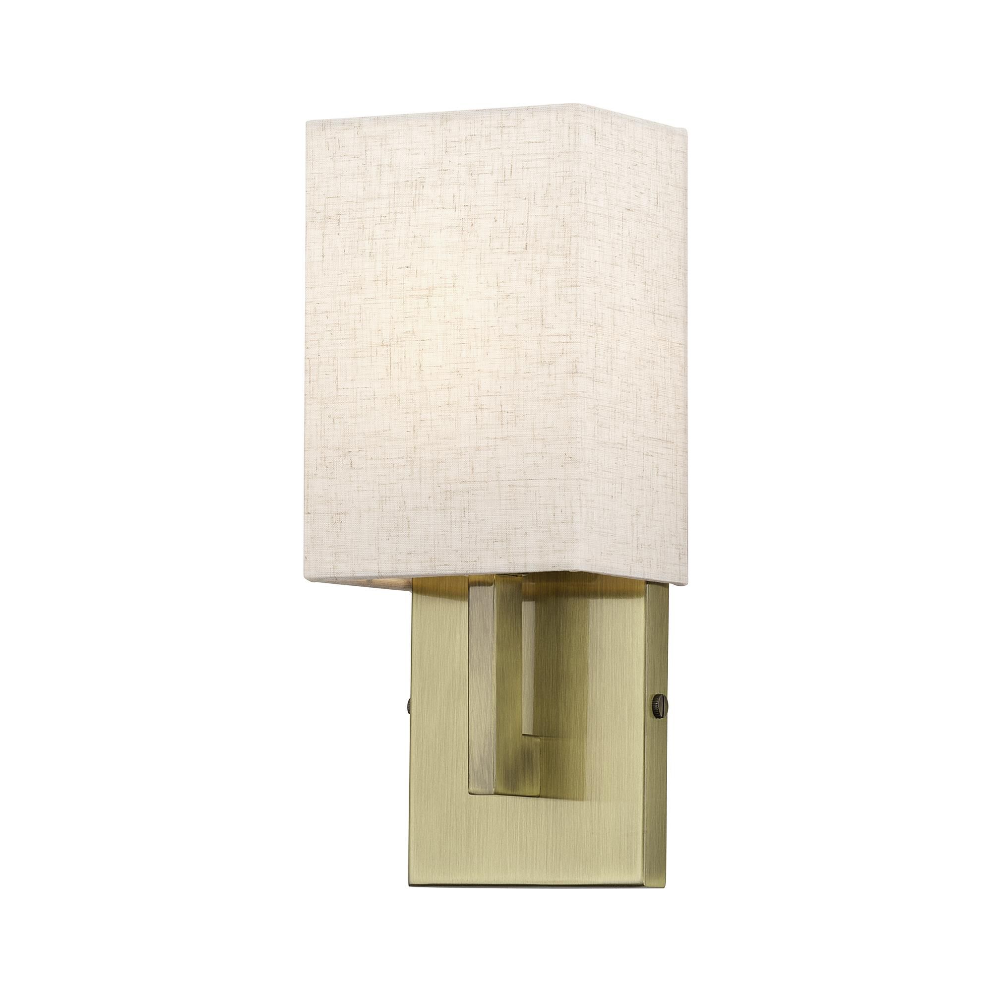 Shown in Antique Brass finish and Hand Crafted Oatmeal Color Fabric with White Color Inside shade
