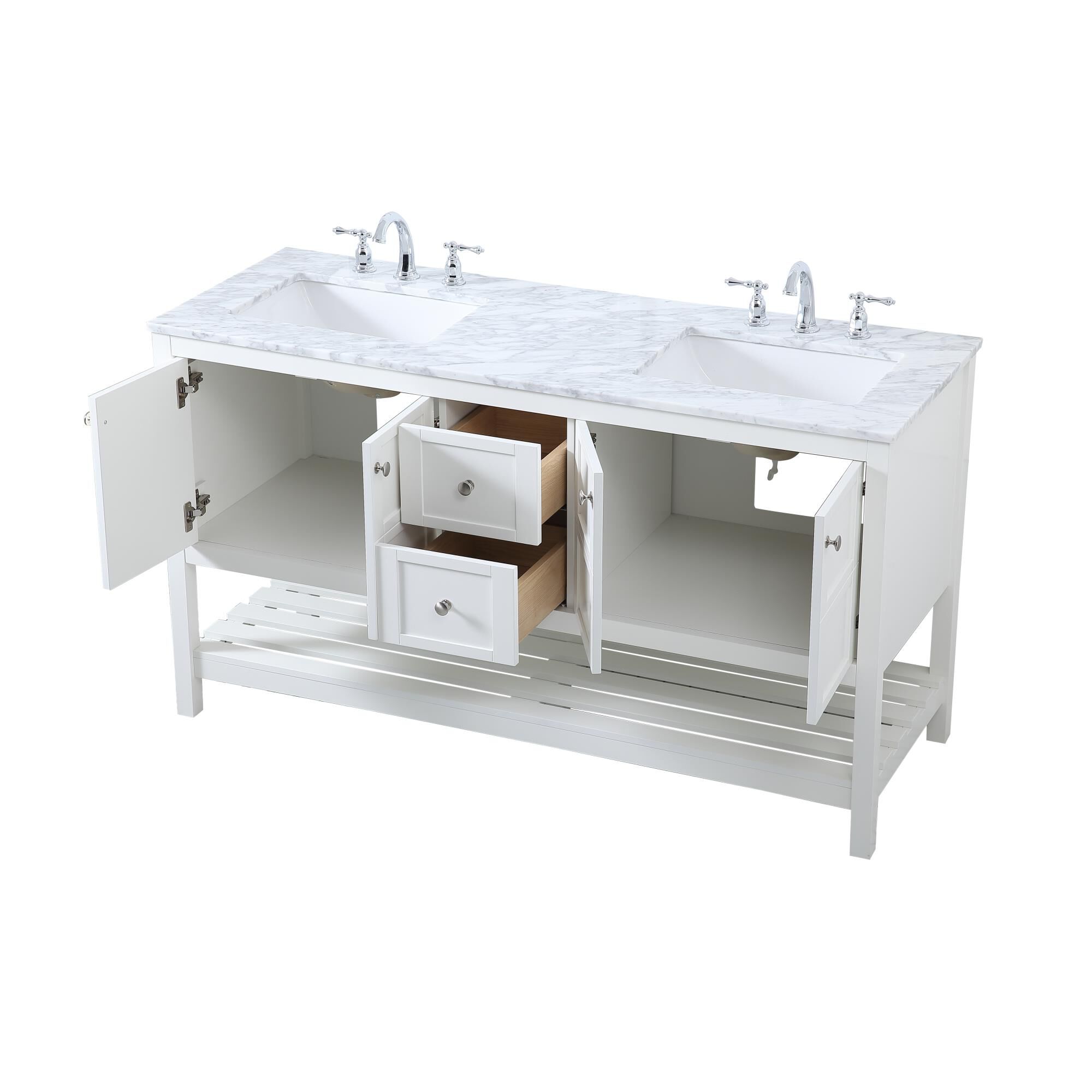 Shown in White And Brushed Nickel With Carrara White Marble finish