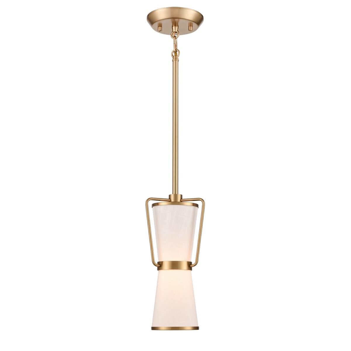 Shown in Brushed Brass finish and Etched glass and White Linen shade