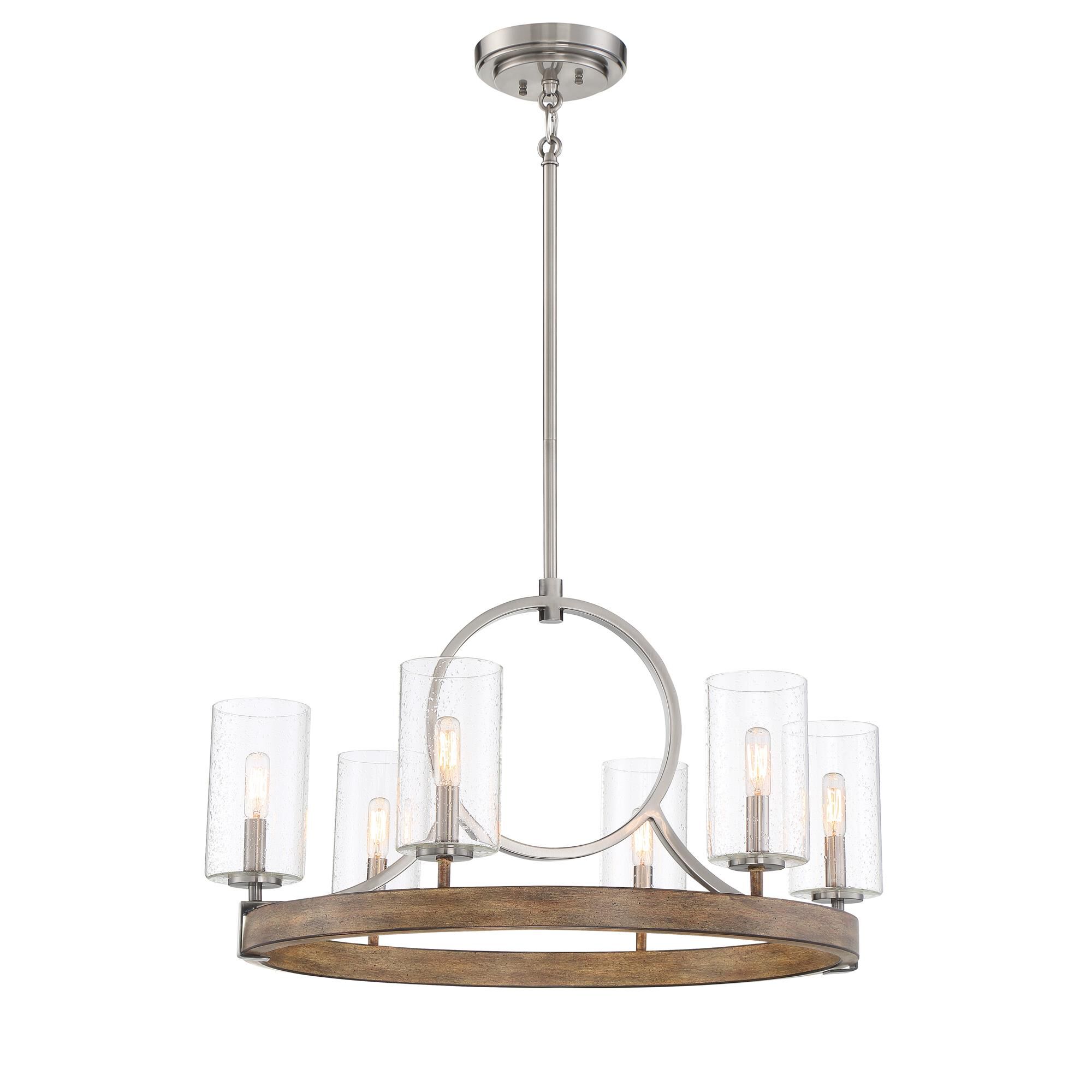 Shown in Sun Faded Wood W/Brushed Nicke finish and Clear Seedy glass and Glass shade