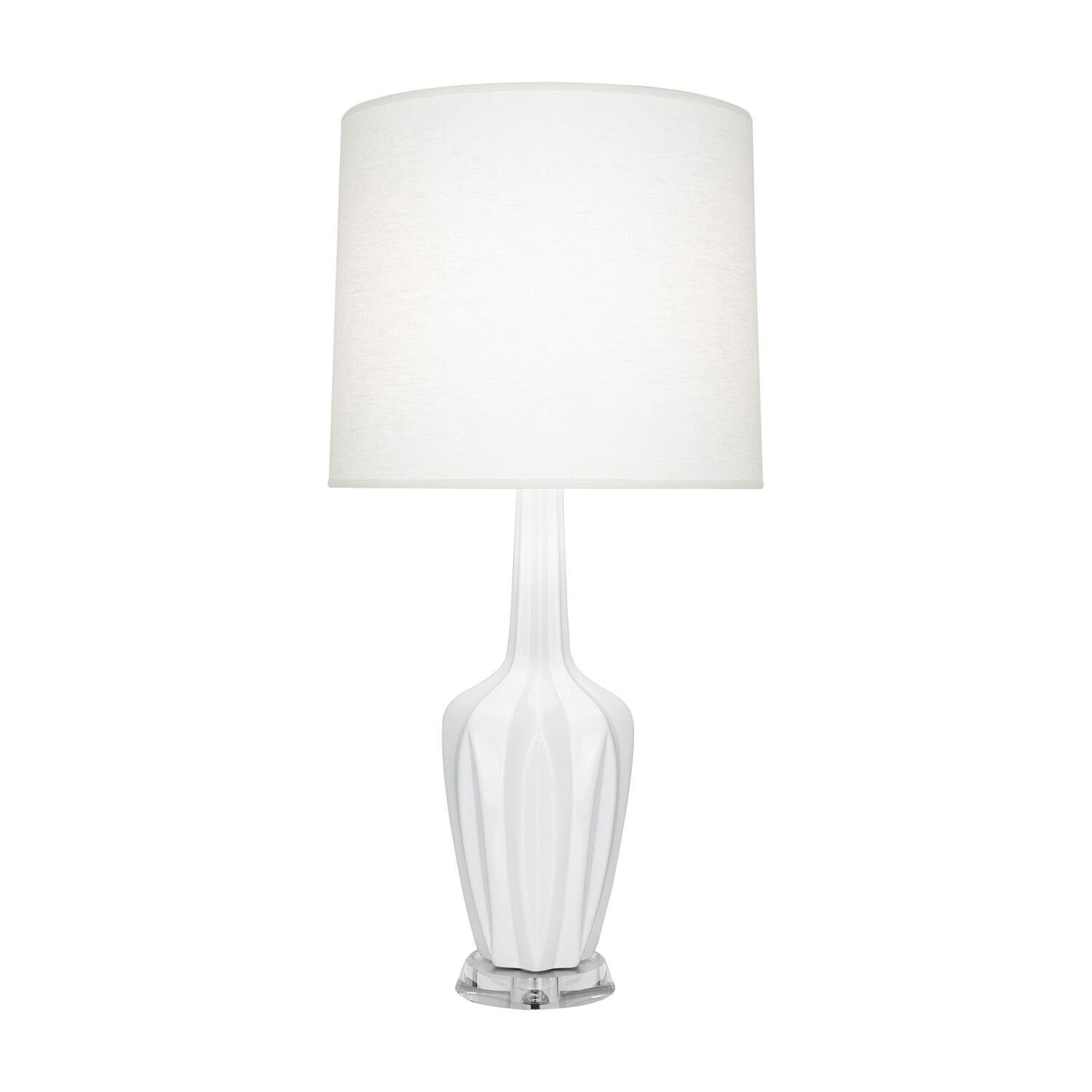 Shown in Daisy finish and Off White shade and Polished Nickel with Lucite accent