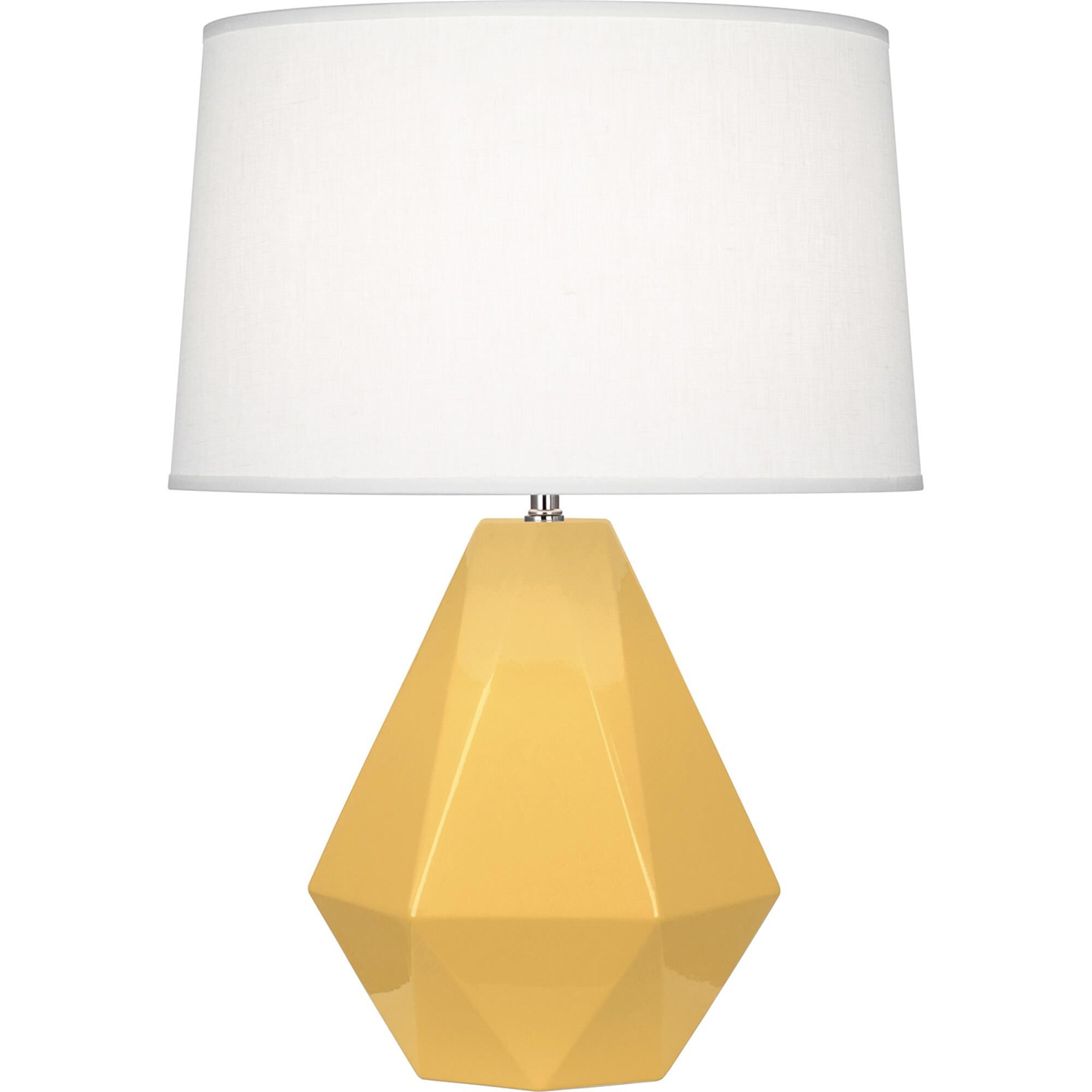Shown in Sunset Yellow Glazed Ceramic finish and Oyster Linen shade