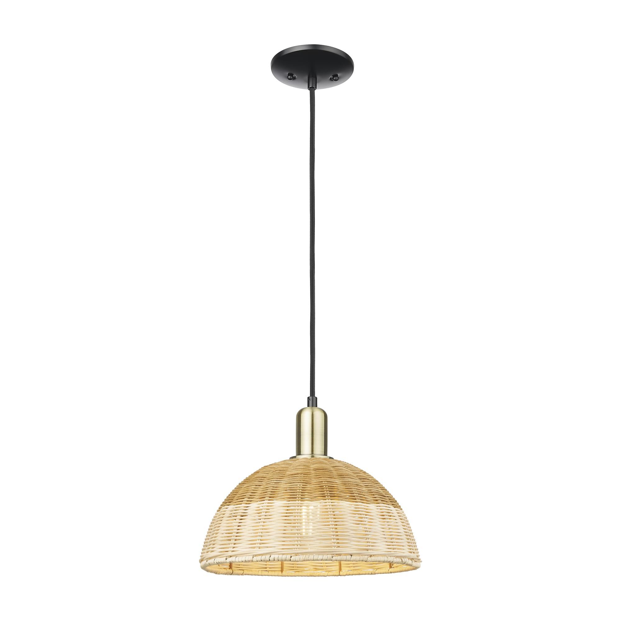 Shown in Black Antique Brass finish and Natural Fiber shade