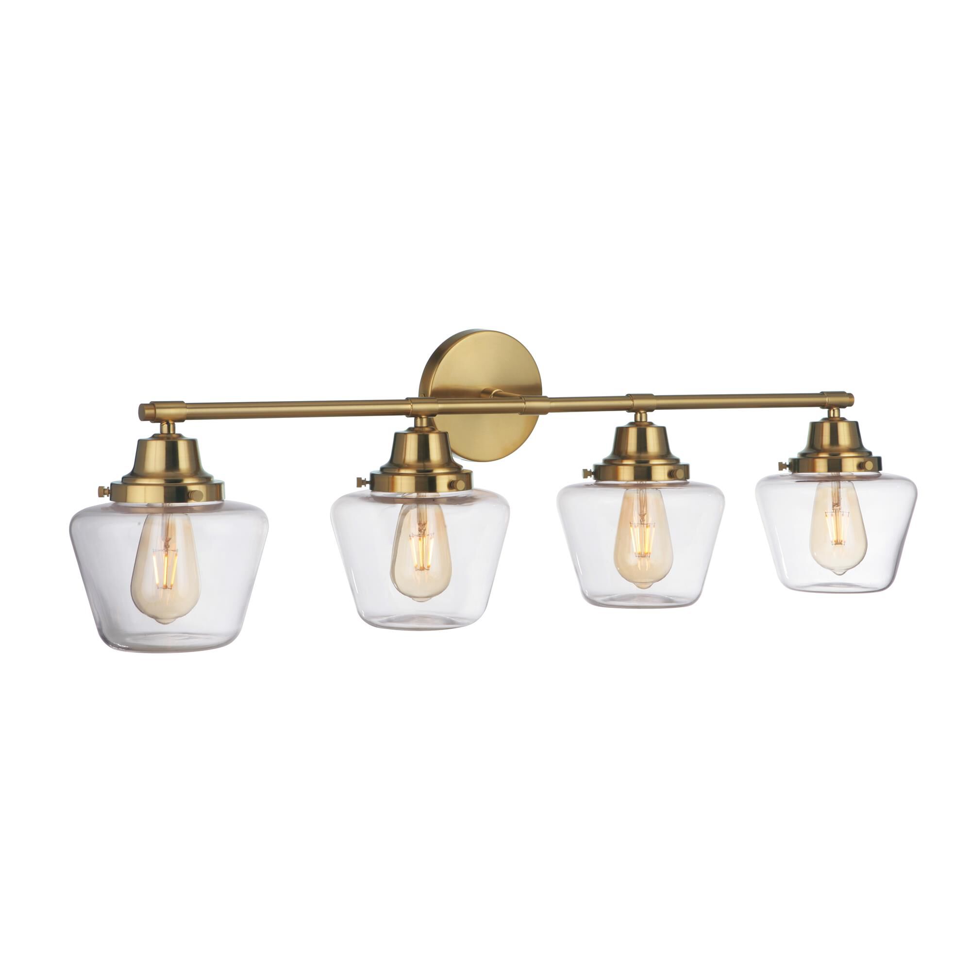 Shown in Satin Brass finish and Clear glass and Glass shade