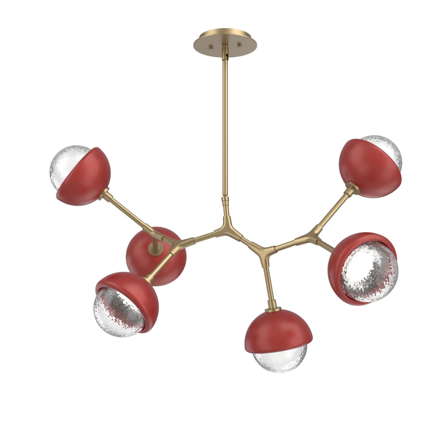Shown in Gilded Brass finish and Clear glass and Cinnamon Red accent