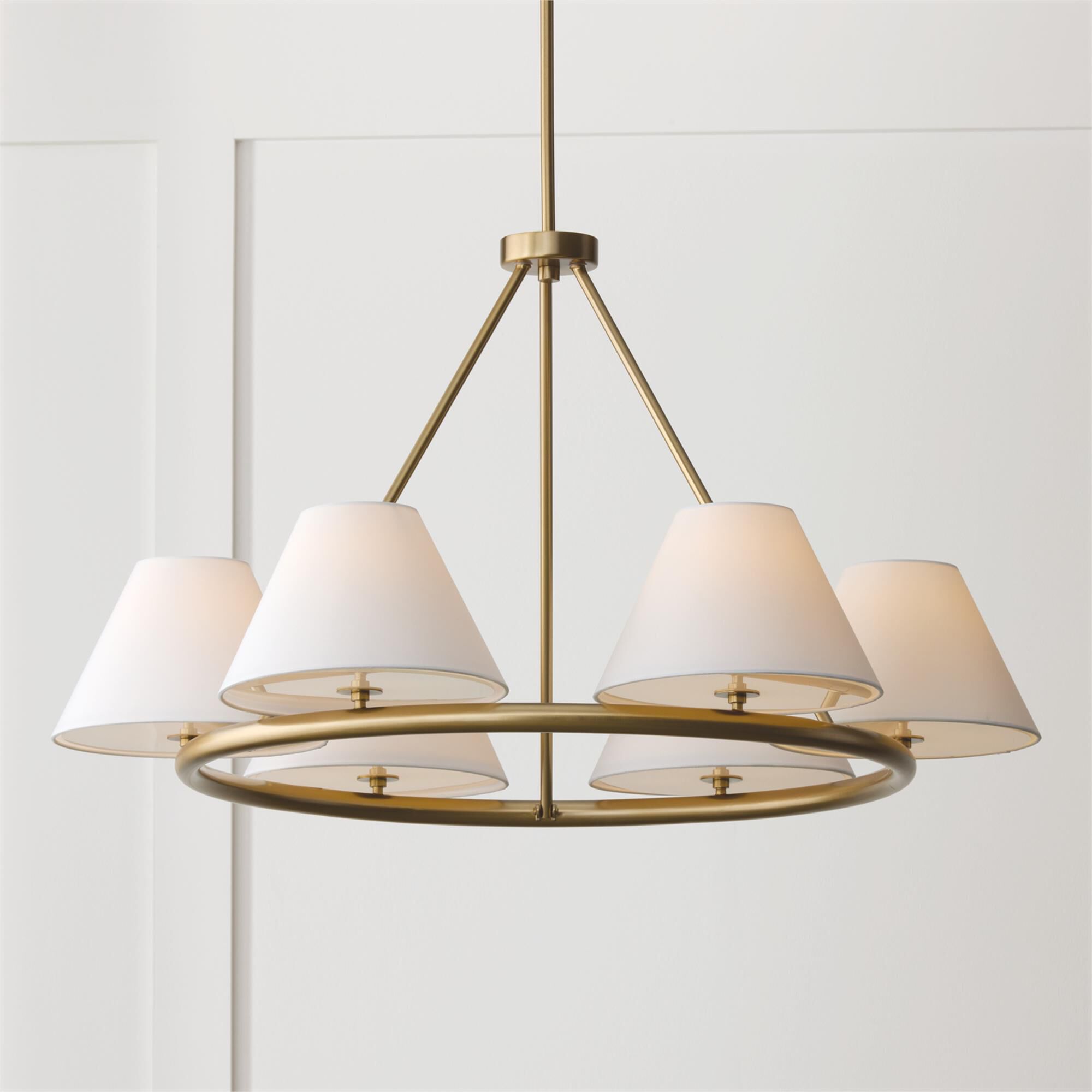 Shown in Matte Brass finish and Soft White Fabric Stay-Straight shade