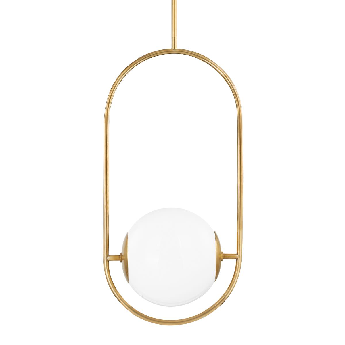 Shown in Vintage Brass finish and Opal White glass