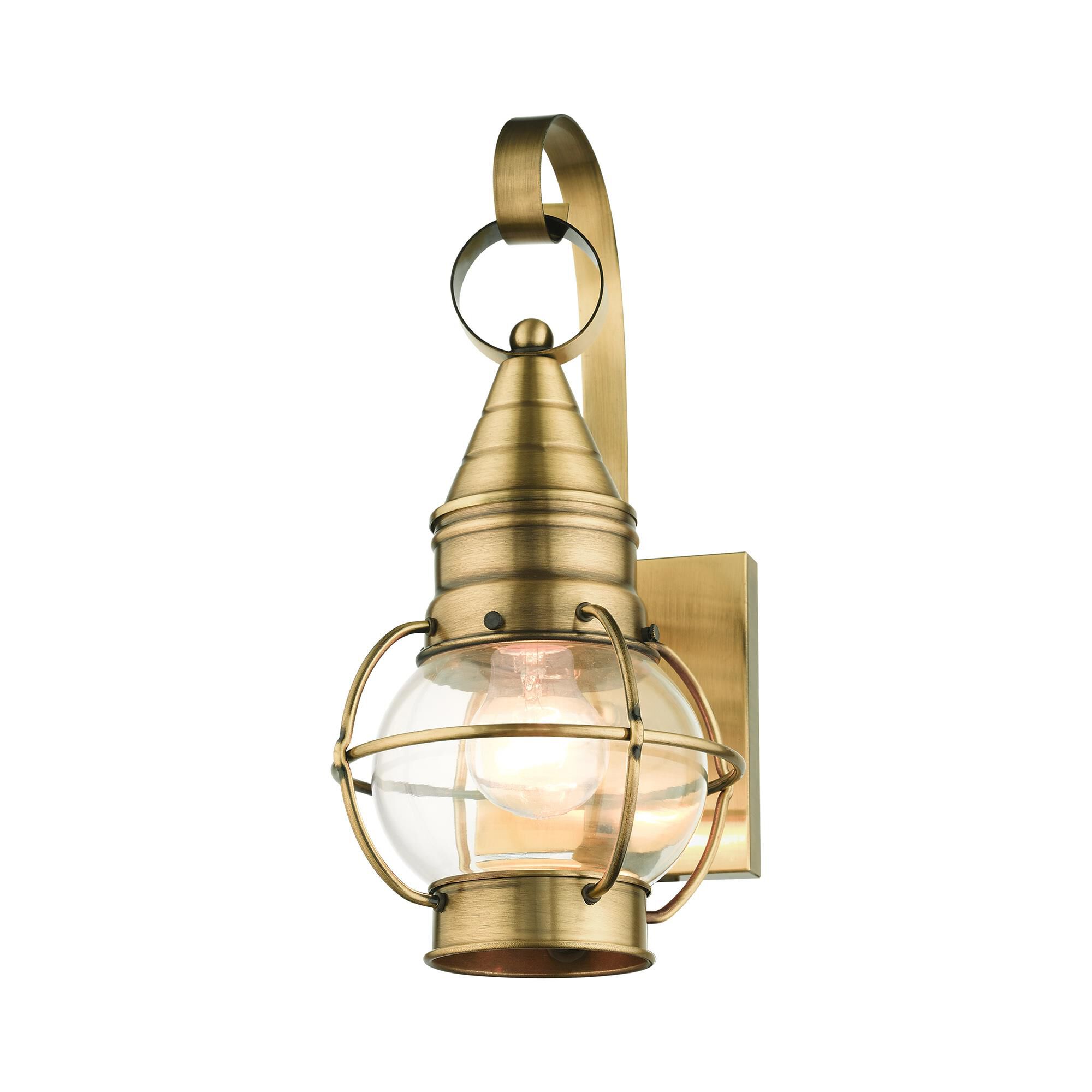 Shown in Antique Brass finish and Hand Blown Clear glass