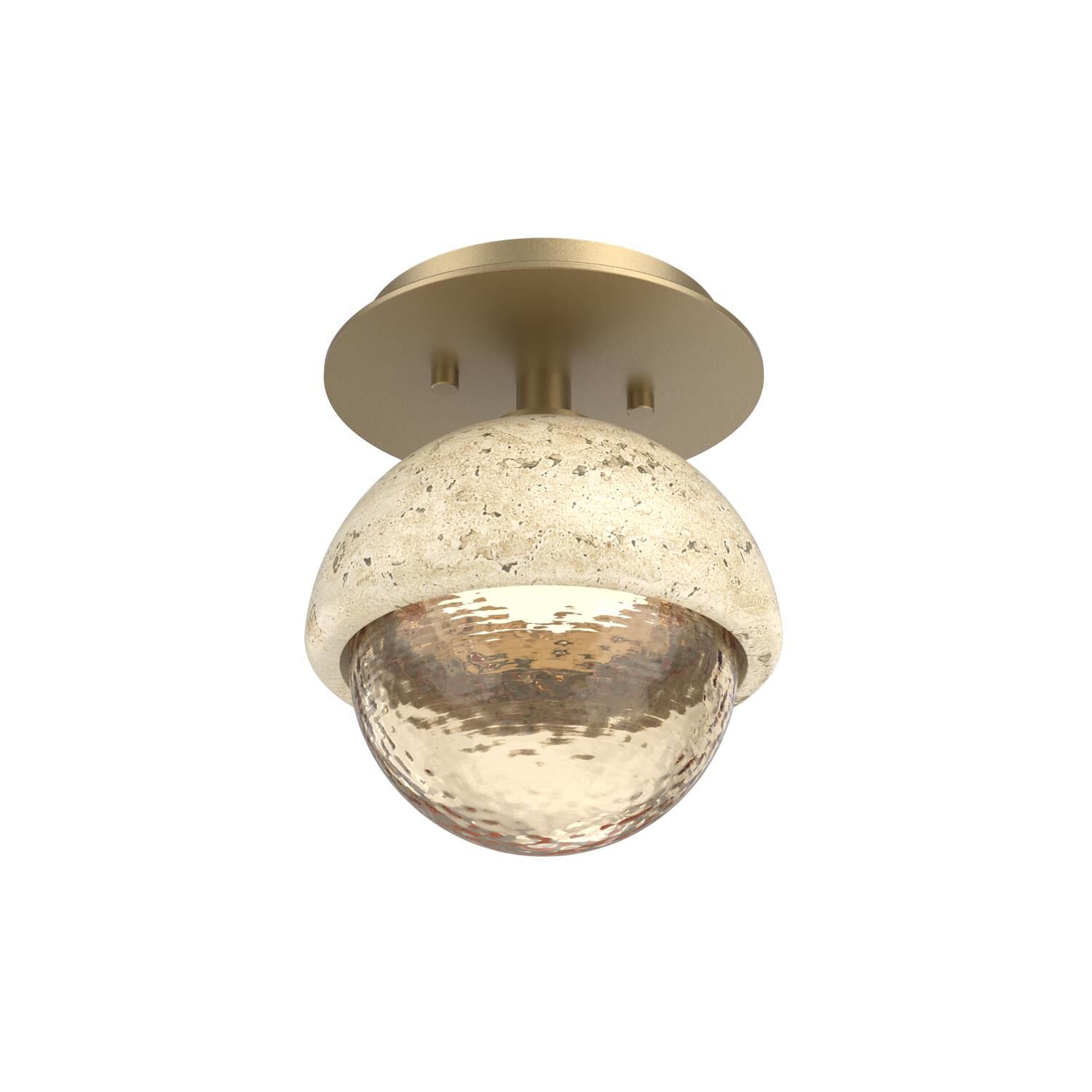 Shown in Novel Brass finish and Amber glass and Travertine Stone accent