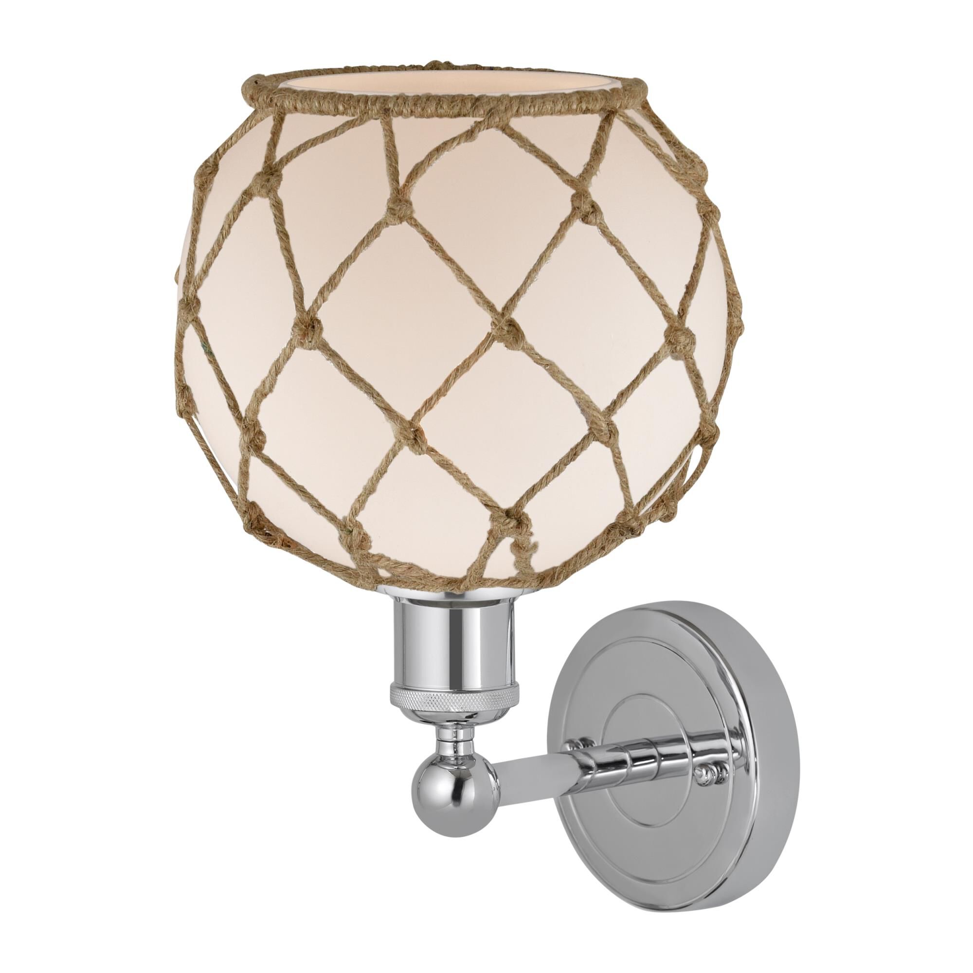 Shown in Polished Chrome finish and White with Brown Rope glass