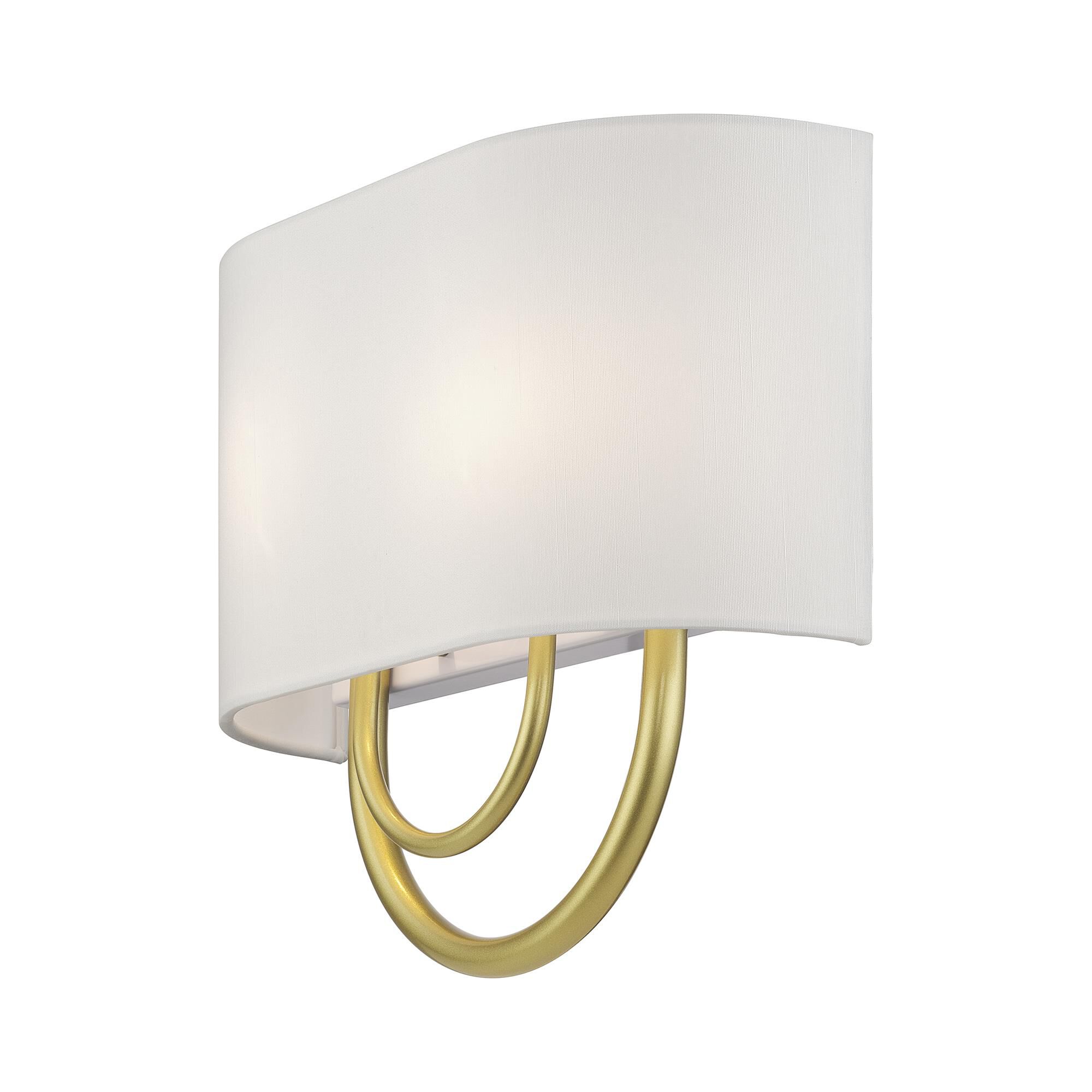 Shown in Soft Gold finish and Hand Crafted Off-White Fabric Hardback with White Fabric Inside shade