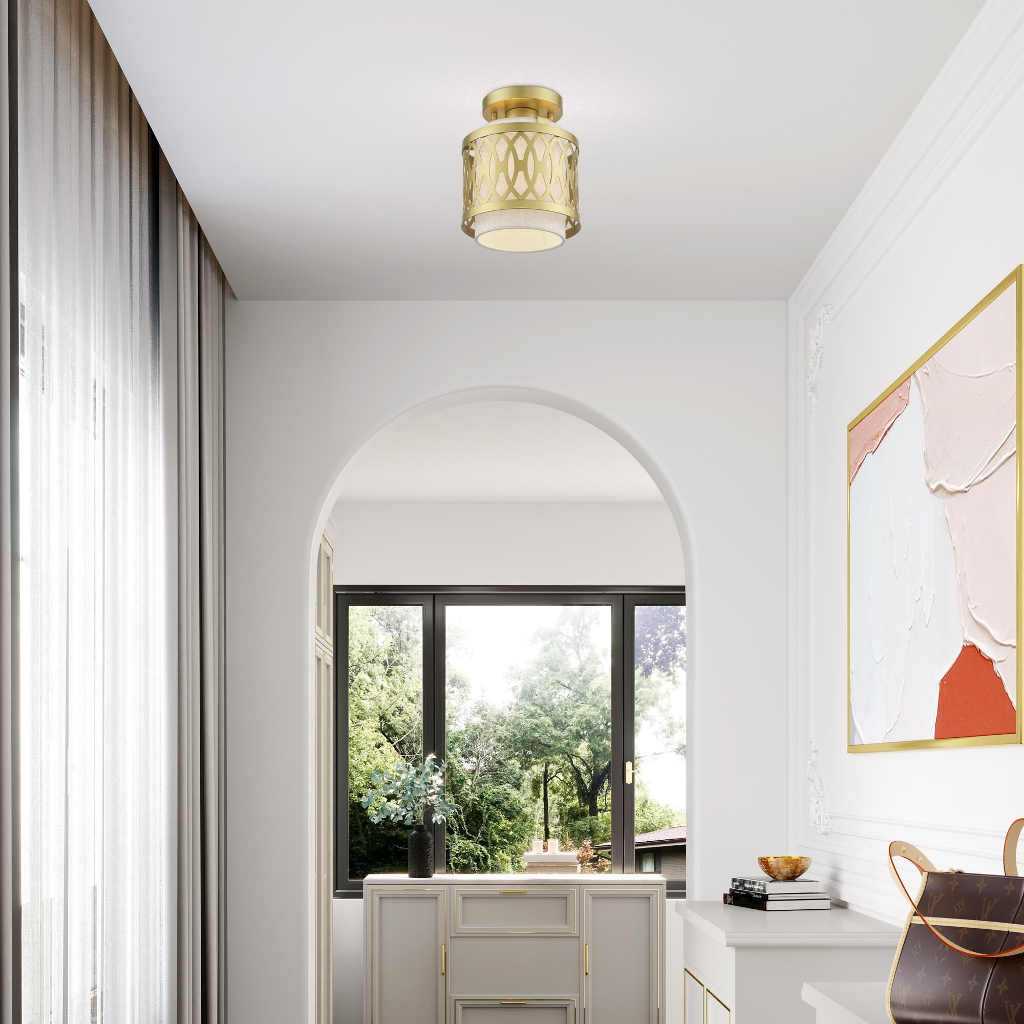 Shown in Soft Gold finish and Hand Crafted Oatmeal Color Hardback shade