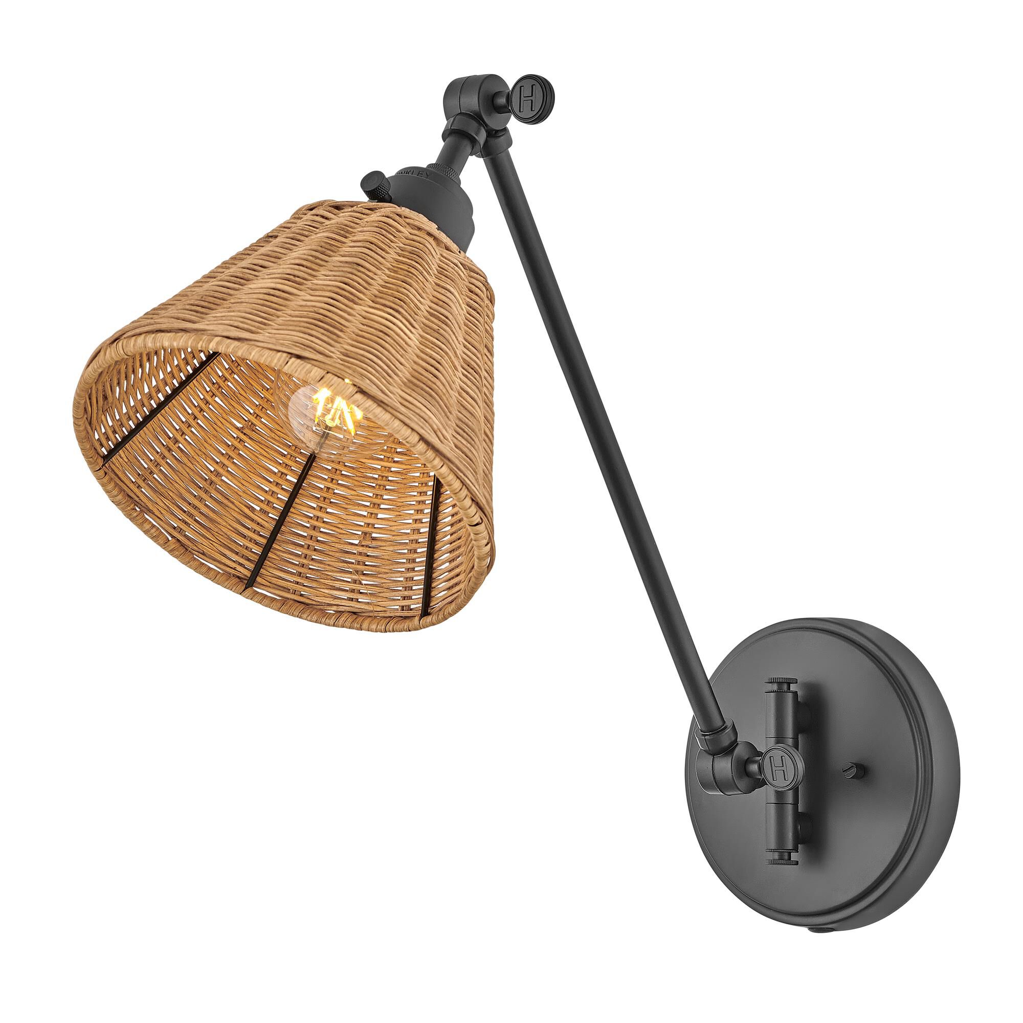 Shown in Black finish and Light Natural Rattan shade