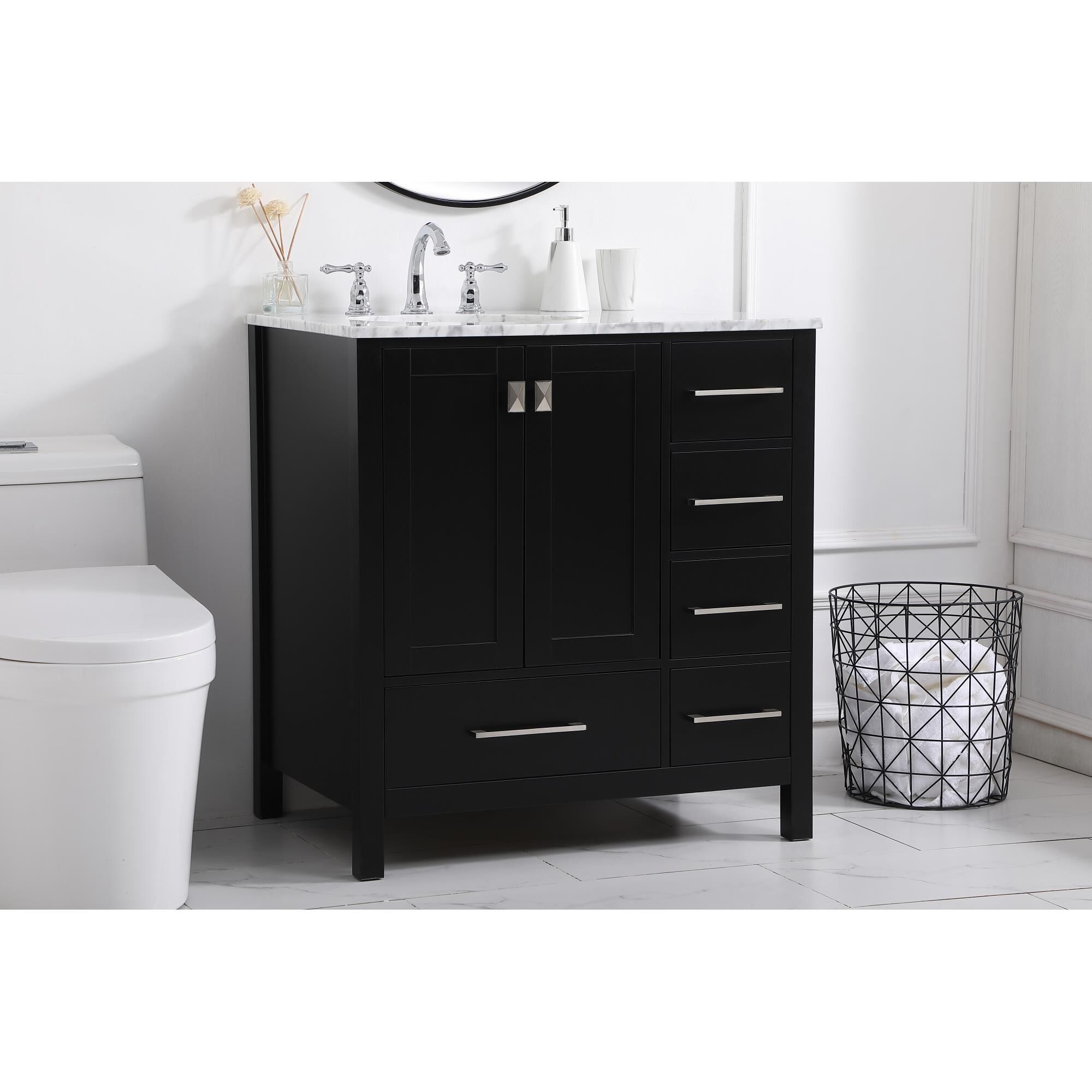 Shown in Black And Brushed Nickel With Carrara White Marble finish