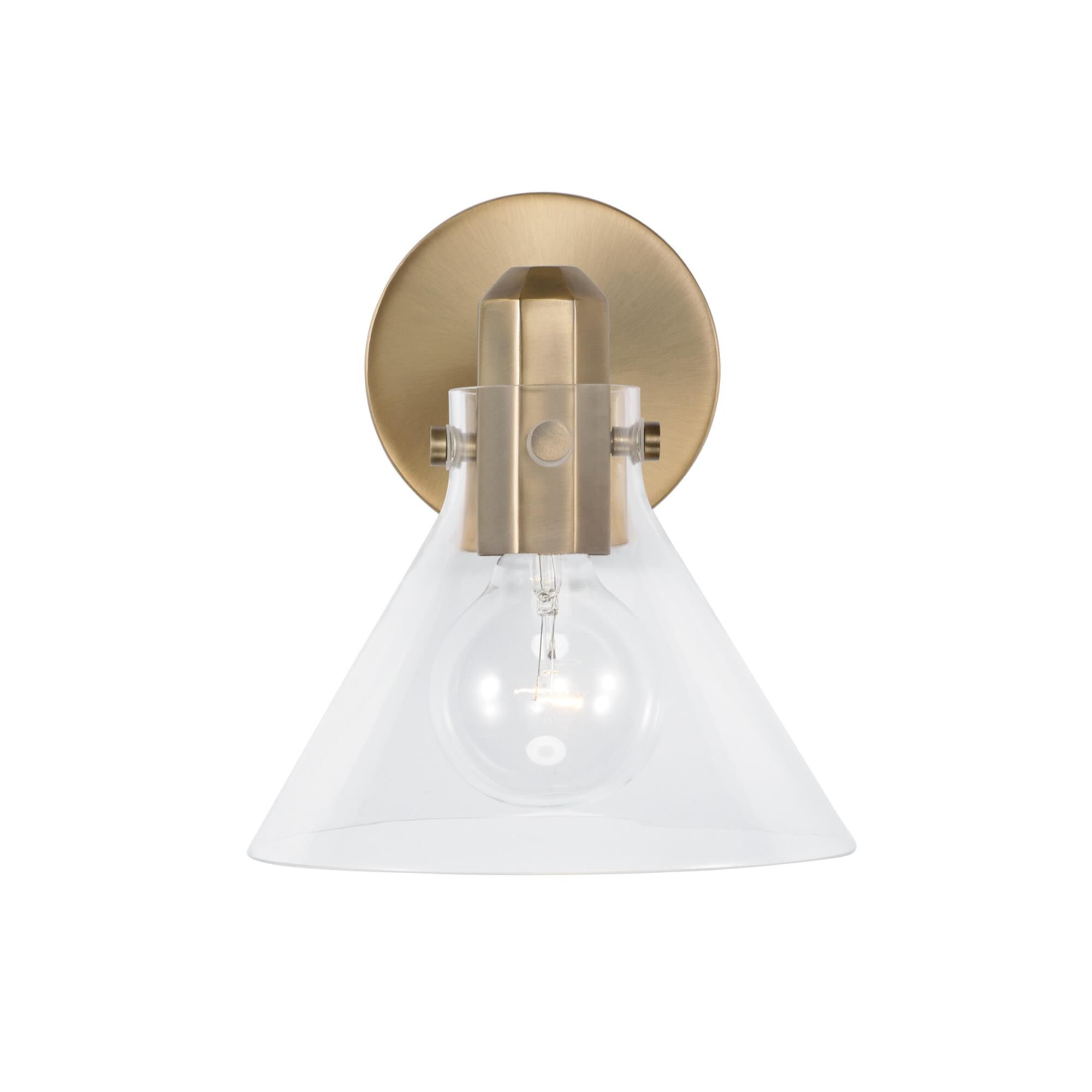 Shown in Aged Brass finish and Clear glass