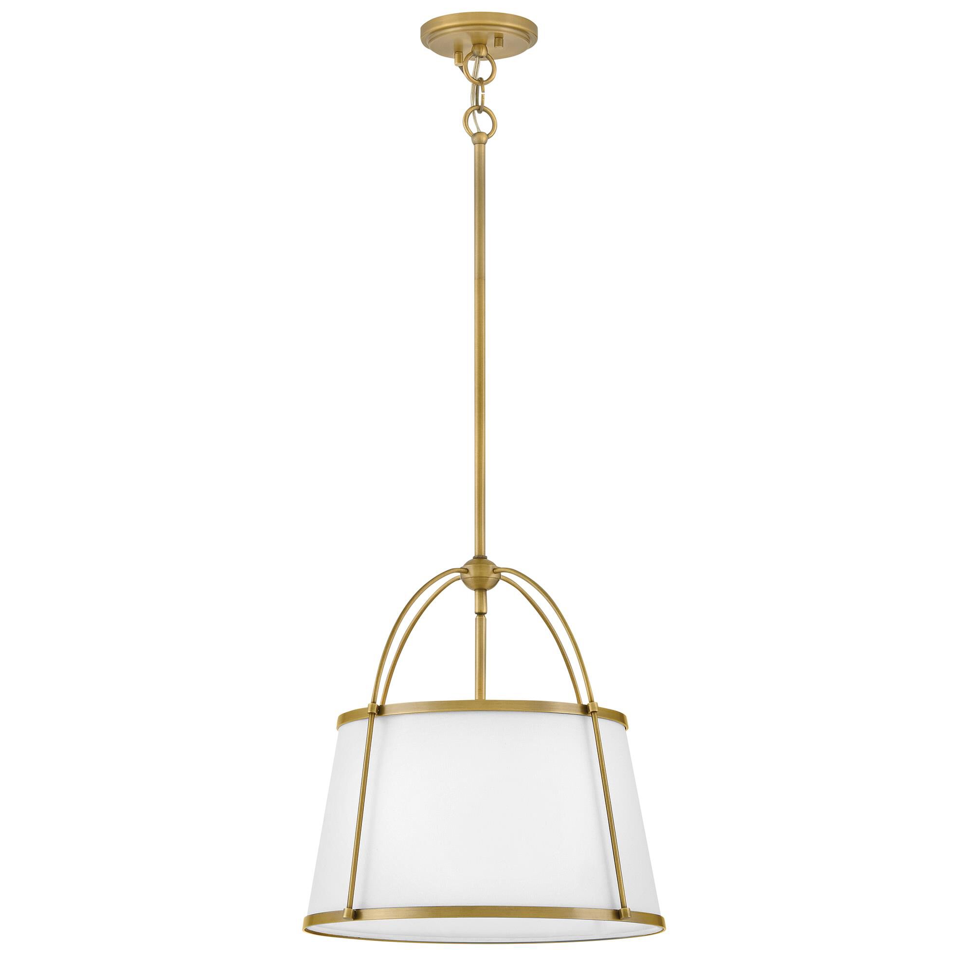 Shown in Lacquered Dark Brass finish and Off-White Linen shade