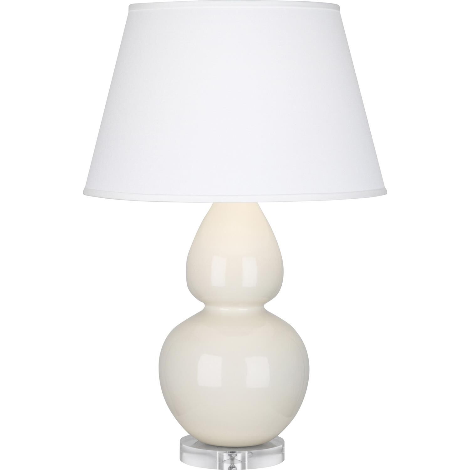 Shown in Bone Glazed Ceramic With Lucite Base finish and Pearl Dupioni Fabric shade
