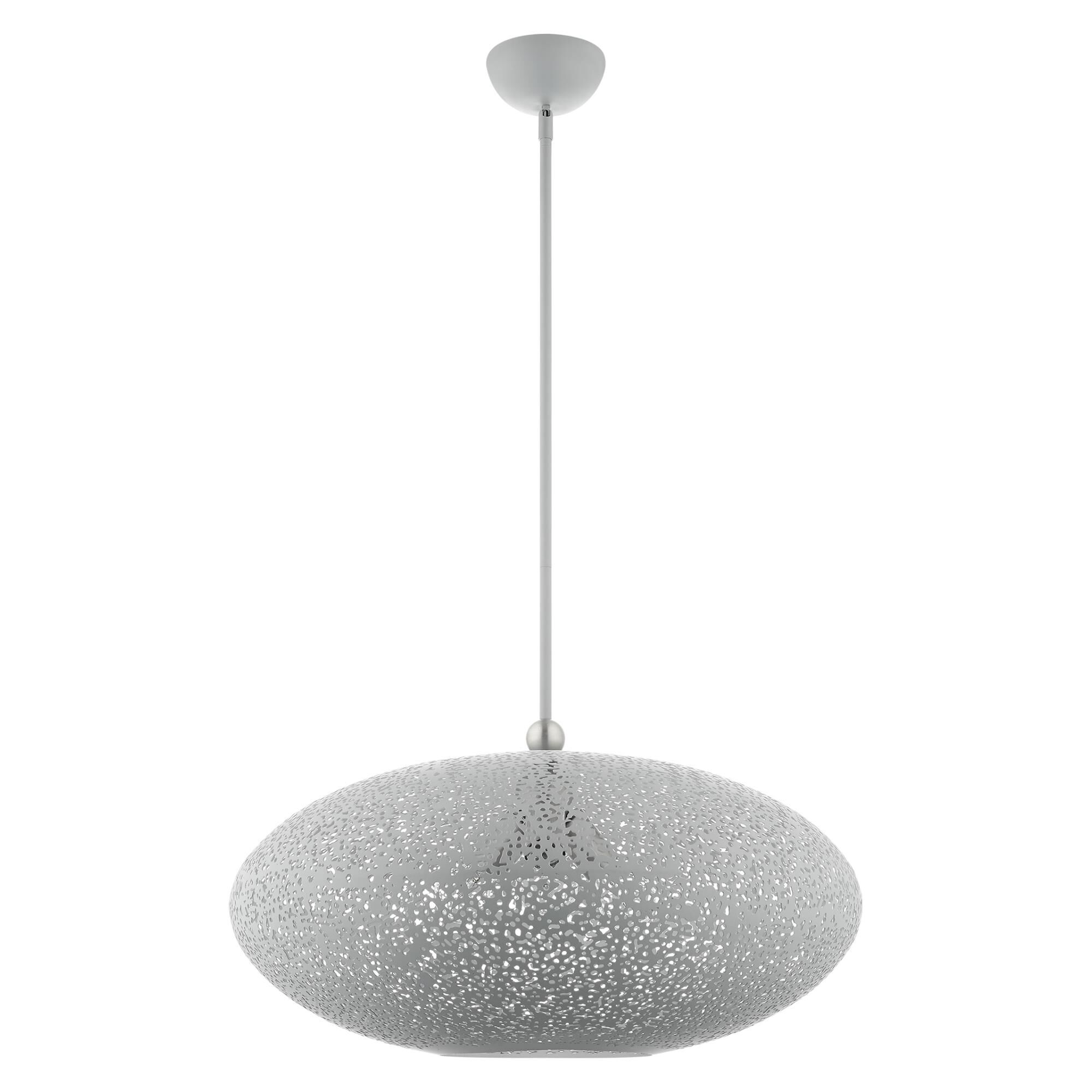 Shown in Nordic Gray With Brushed Nickel Accents finish and Nordic Gray Filigreed Metal Shade With White Finish Inside glass and Nordic Gray Filigreed Metal  With White Finish Inside shade