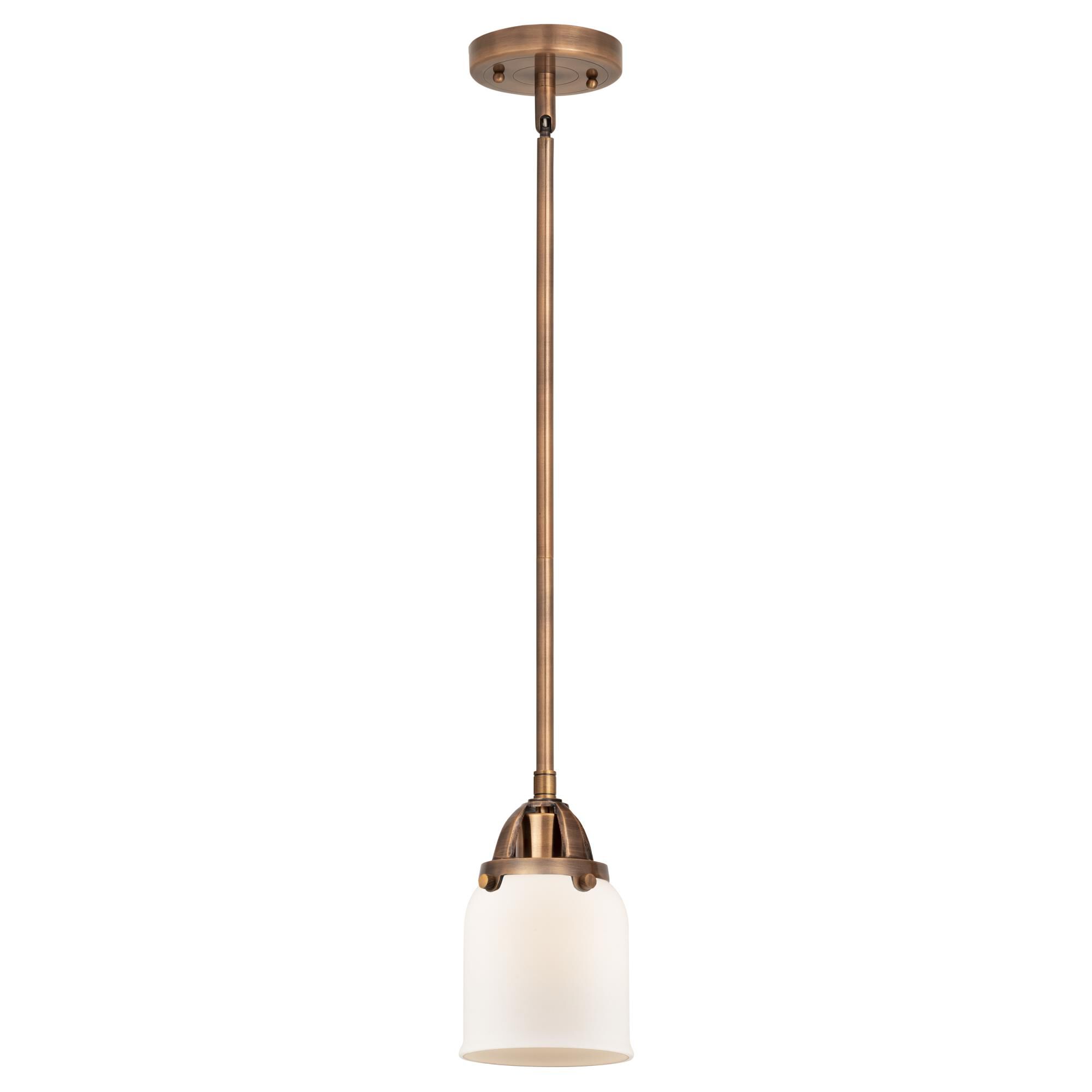 Shown in Antique Copper finish and Matte White Cased Small Bell glass and No Shade shade