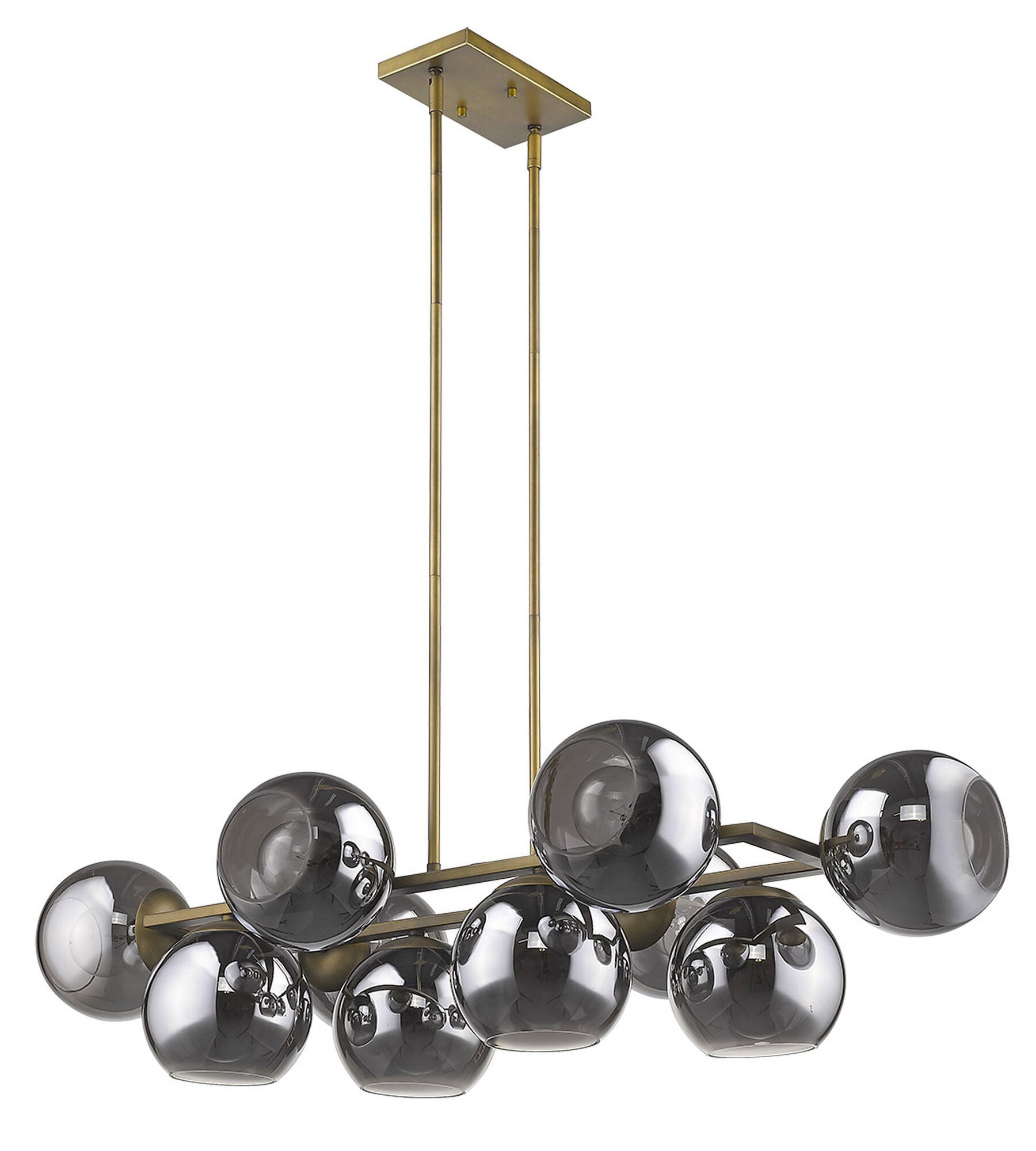 Shown in Aged Brass finish and Smoke glass and Smoke Glass Globes shade