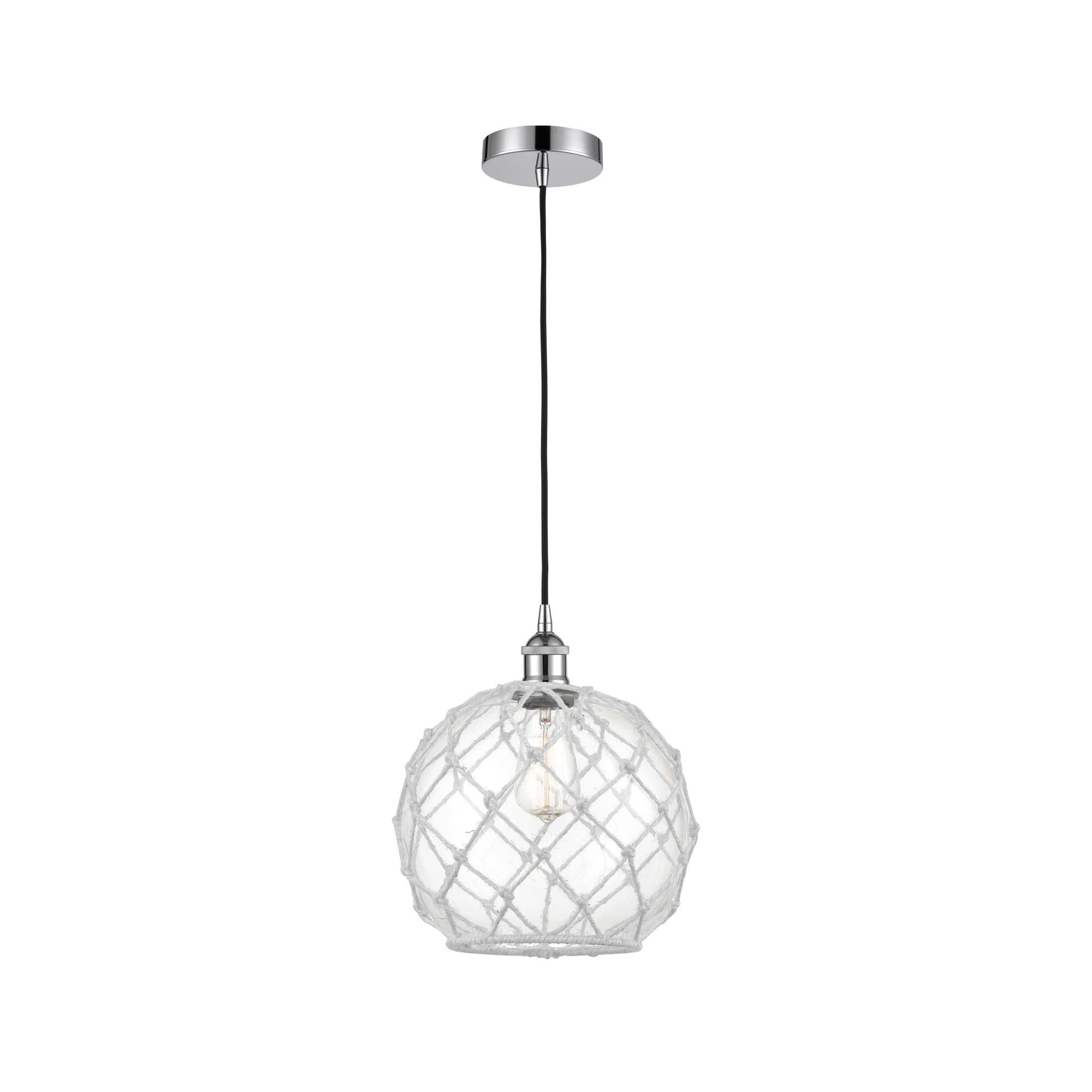Shown in Polished Chrome finish and Clear Large Farmhouse With White Rope glass