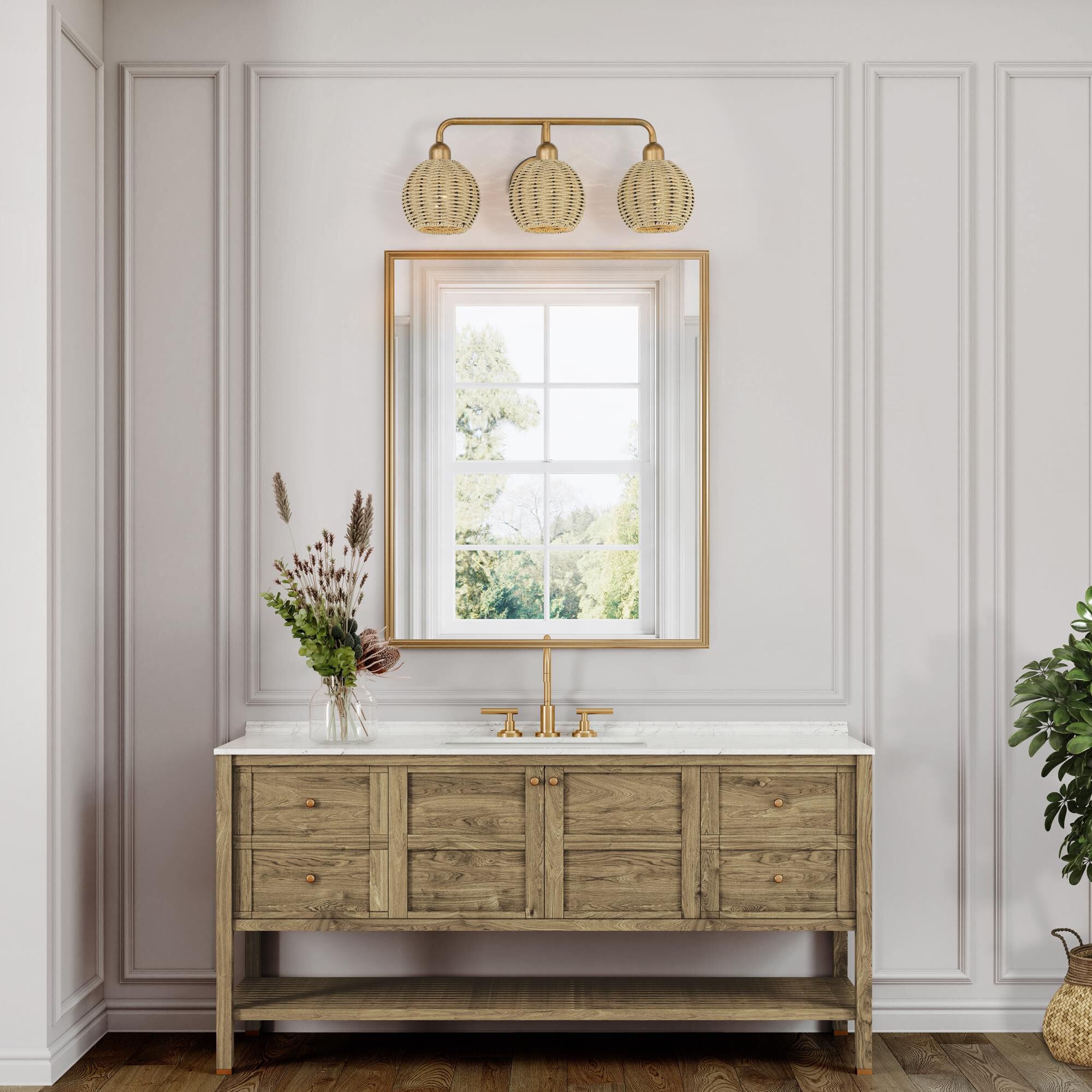 Shown in Antique Gold Leaf finish and Hand-Woven French Beige Paper Rope shade