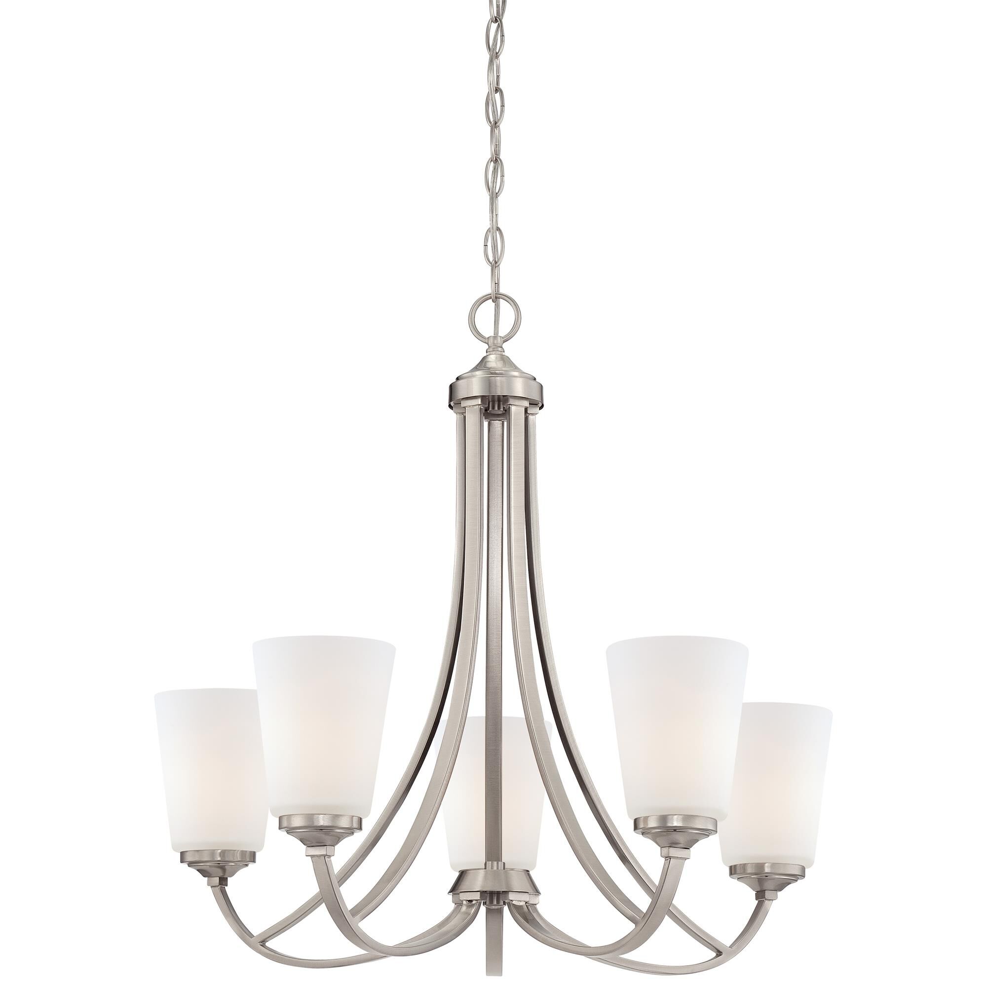 Shown in Brushed Nickel finish and Etched White glass