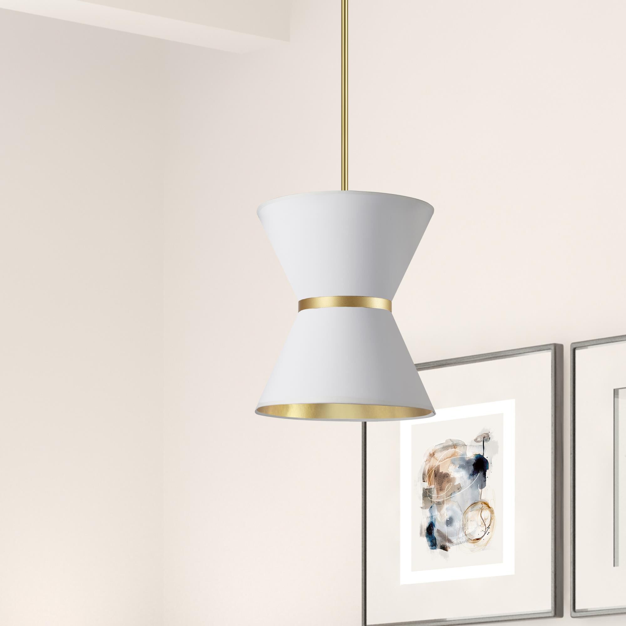Shown in White and Aged Brass finish and White Fabric Tapered Drum shade