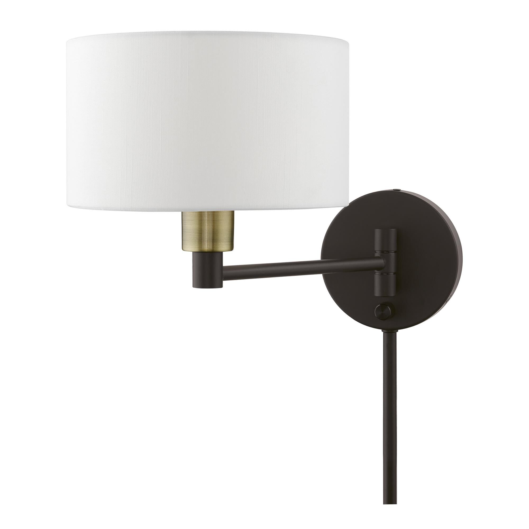 Shown in Bronze with Antique Brass Accent finish and Hand Crafted Off-White Hardback Fabric shade