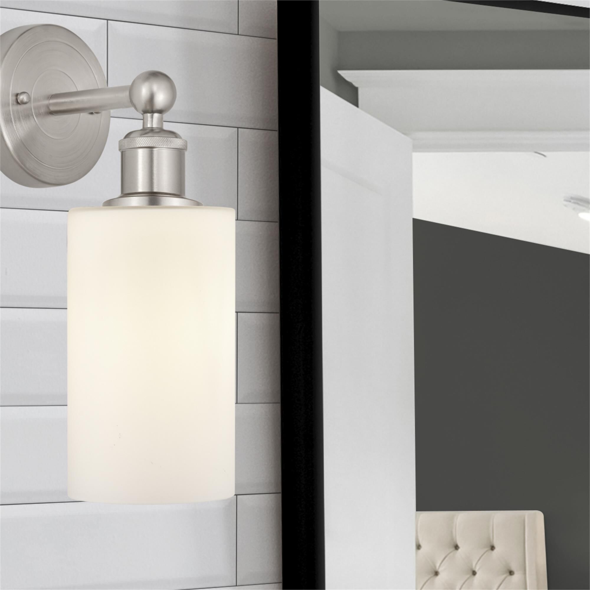 Shown in Brushed Satin Nickel  finish and Matte White glass