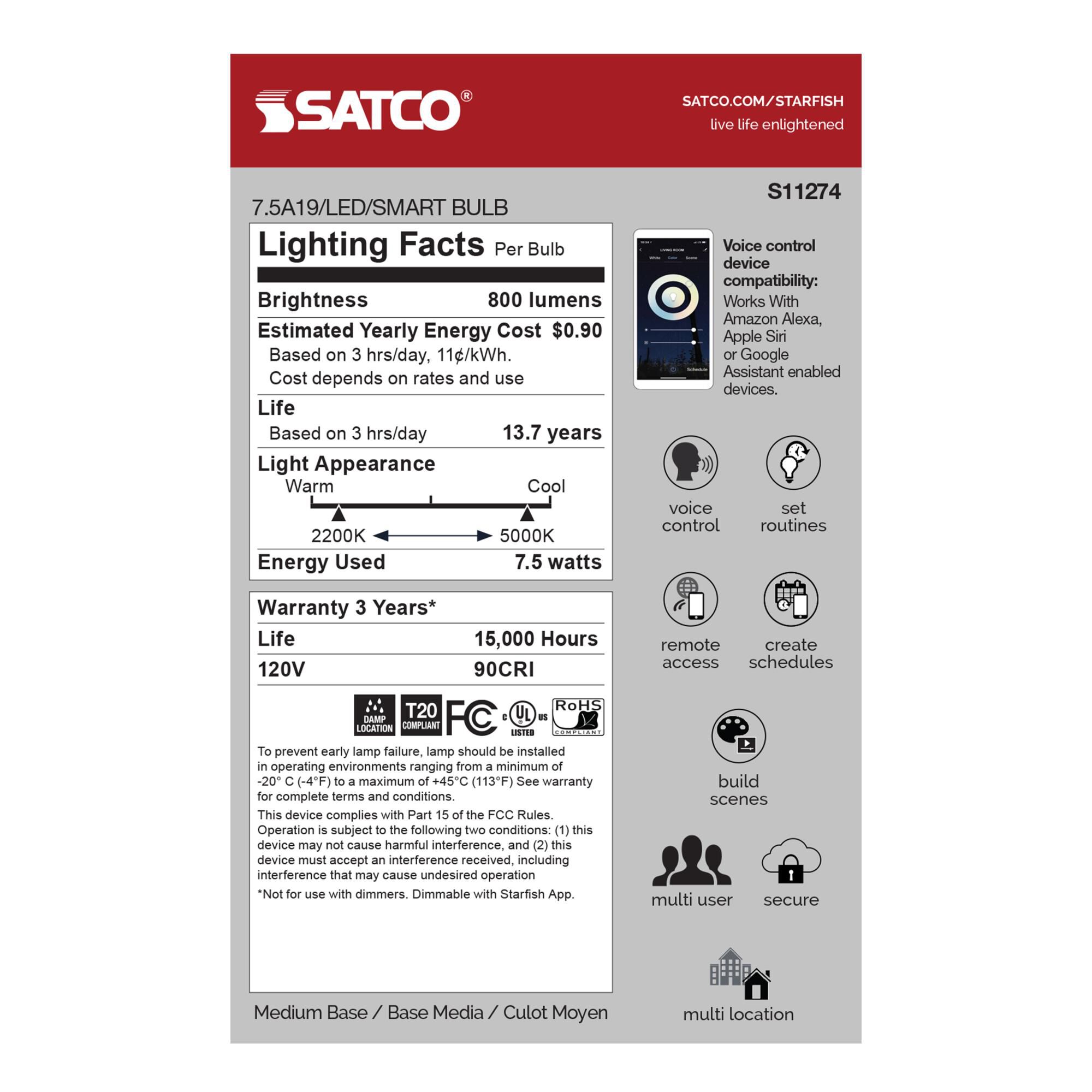 Dimmable 7.5 Watt 2200-5000K A19 LED Light Bulb by Satco