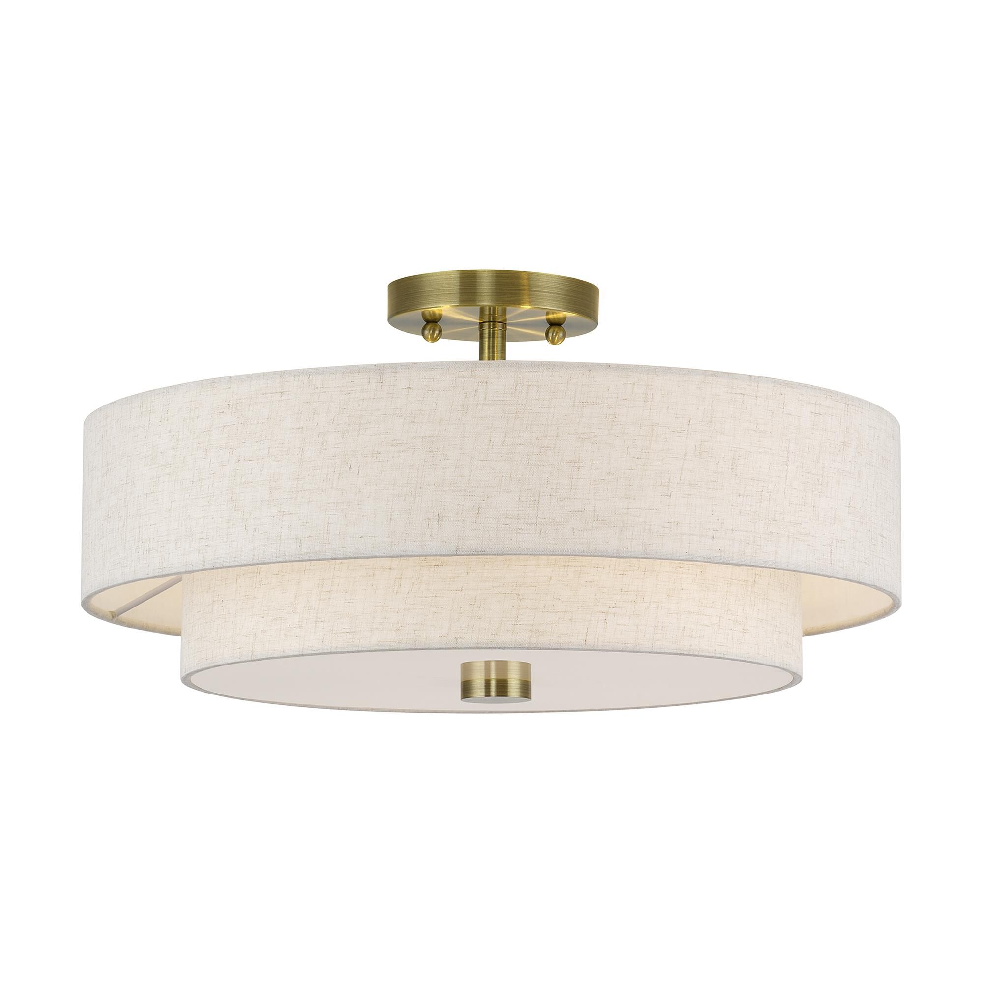 Shown in Antique Brass finish and Hand Crafted Oatmeal Color Fabric with White Color Inside shade