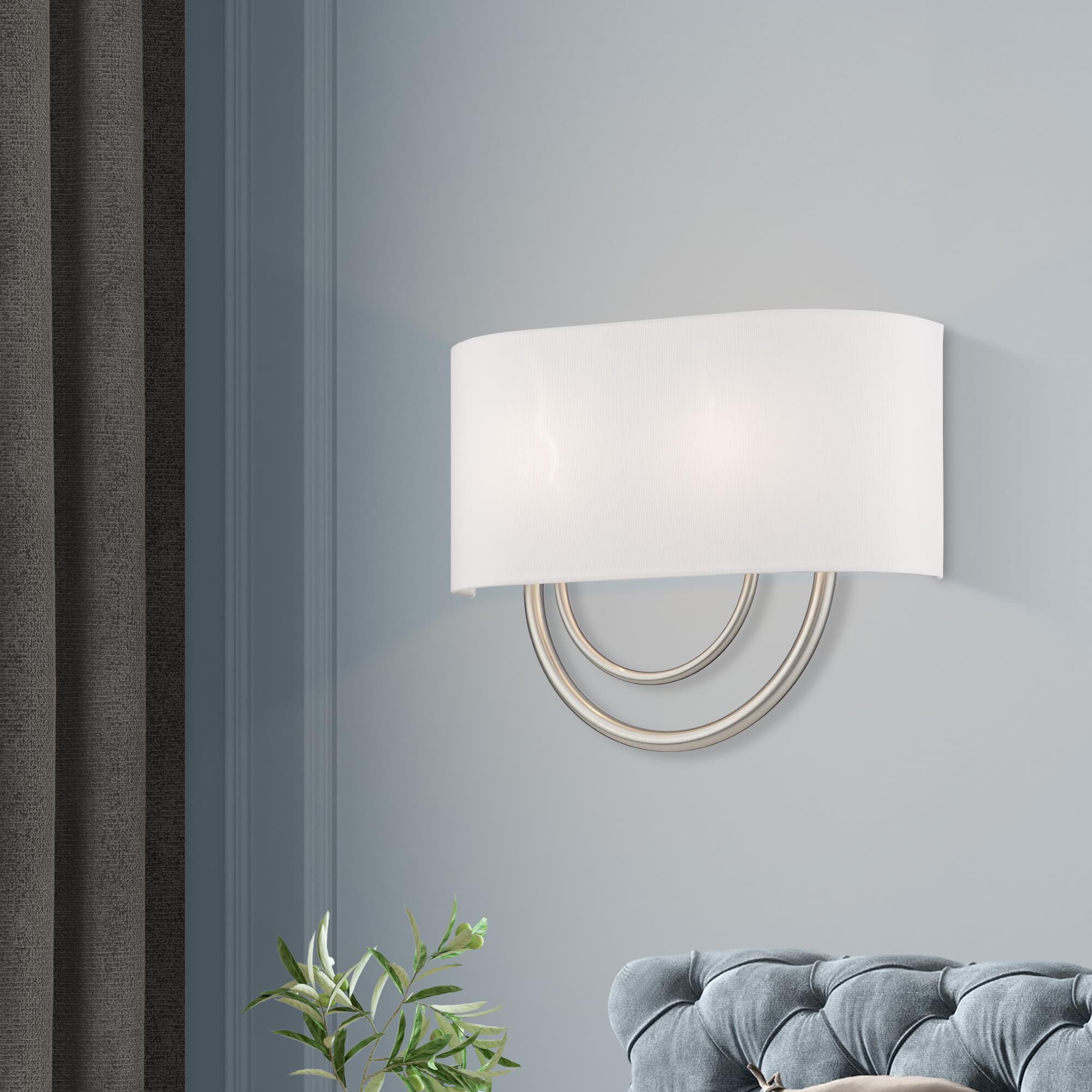 Shown in Brushed Nickel finish and Hand Crafted Off-White Fabric Hardback with White Fabric Inside shade