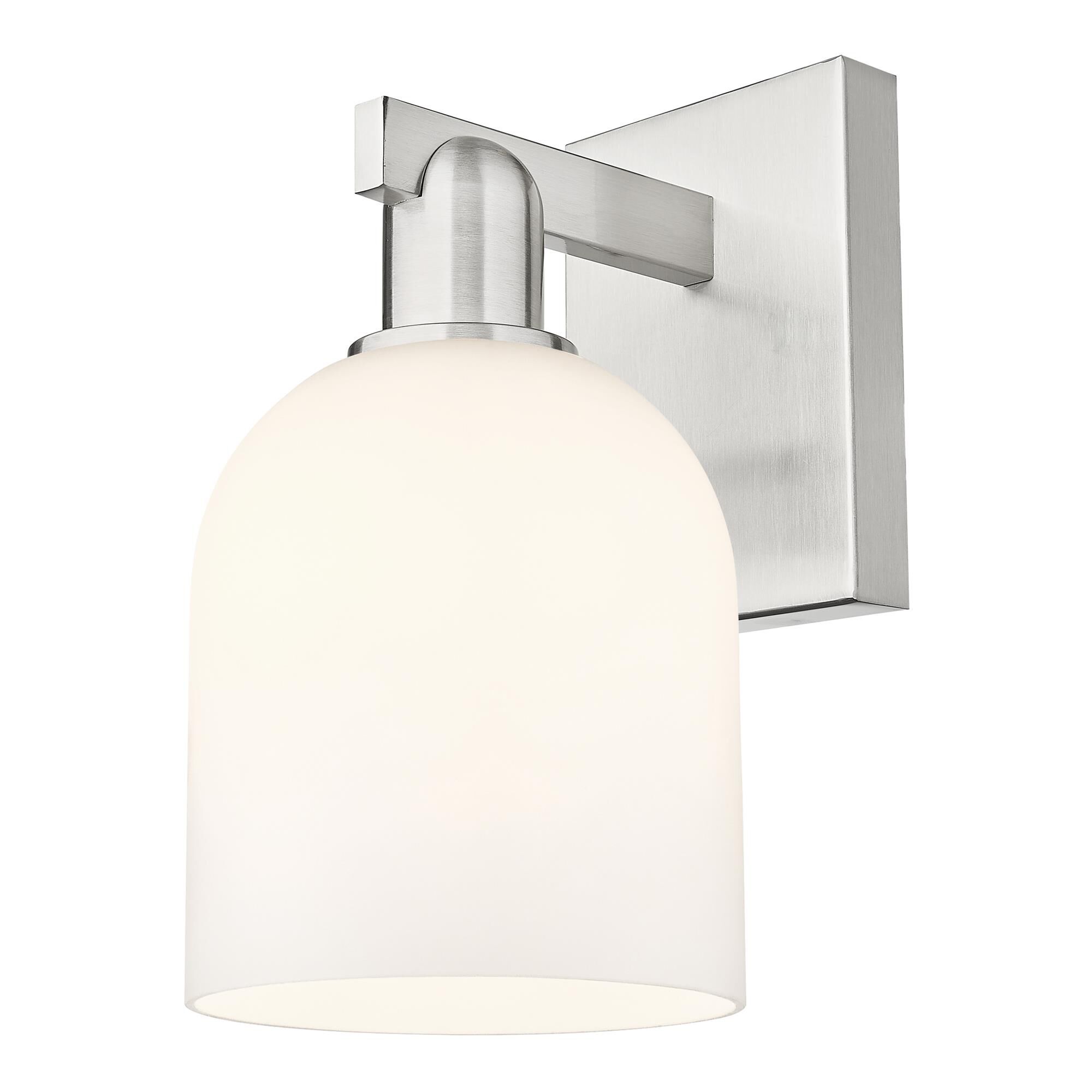 Shown in Brushed Satin Nickel finish and White glass