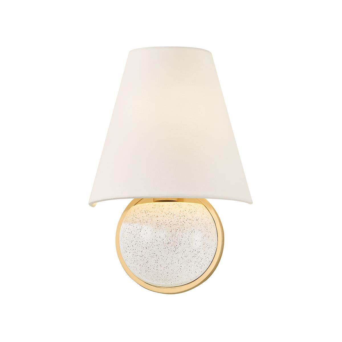 Shown in Aged Brass finish and White Linen Fabric shade