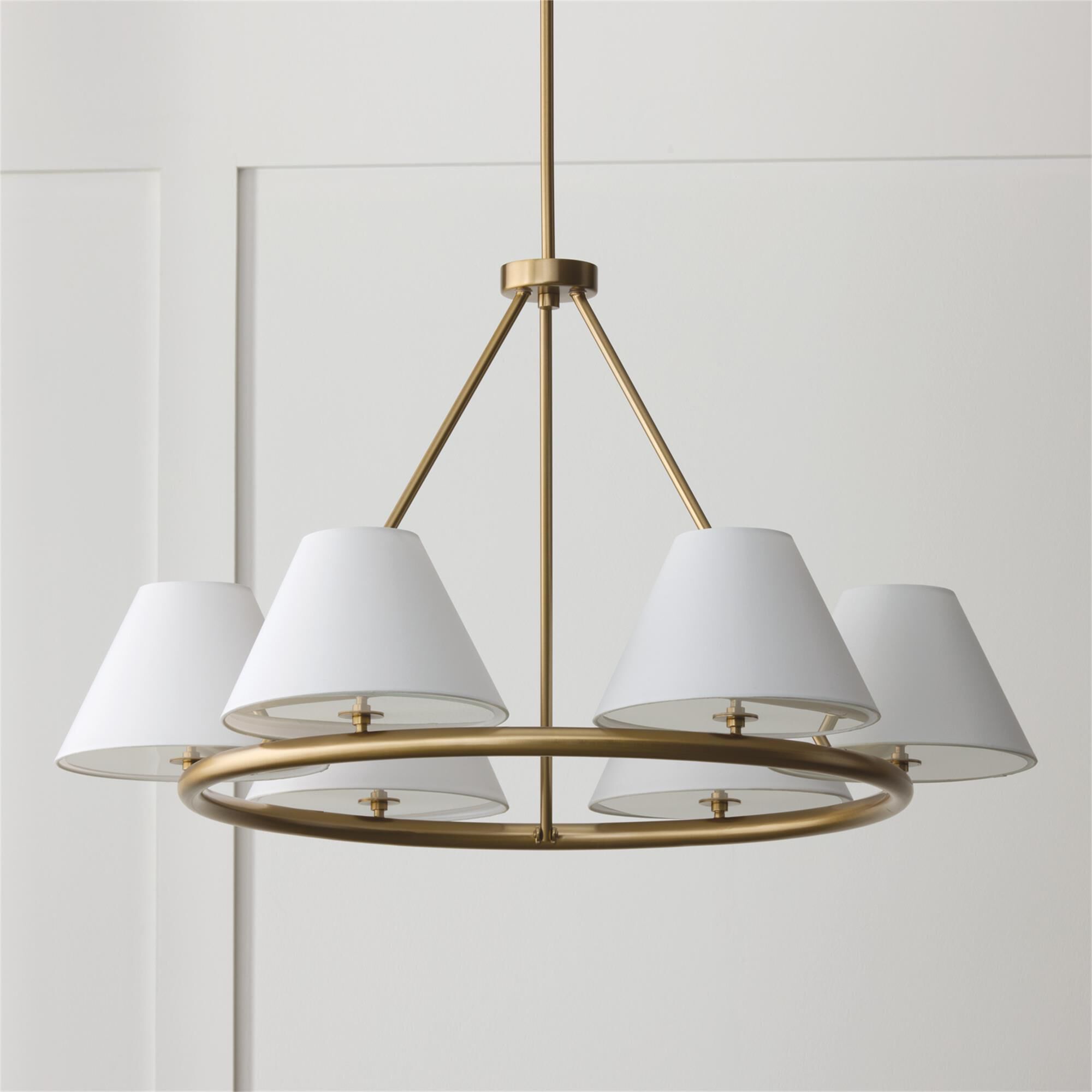 Shown in Matte Brass finish and Soft White Fabric Stay-Straight shade