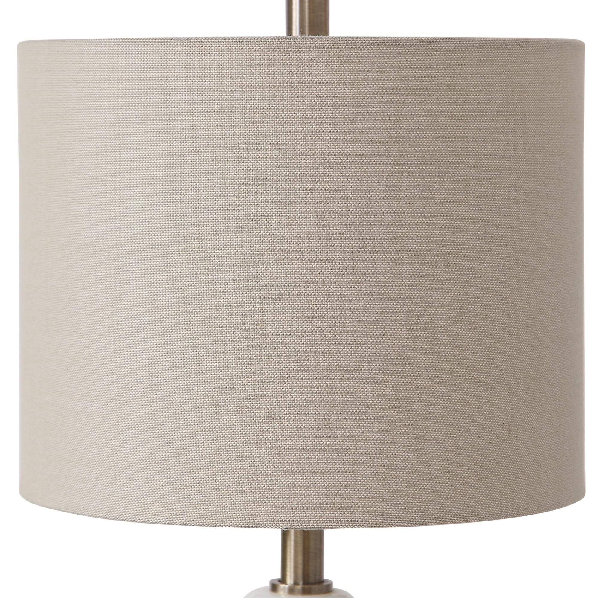 Shown in This Buffet Lamp Features A Delicate Design With Traditional Elements That Showcase Polished White M finish and Round Hardback shade