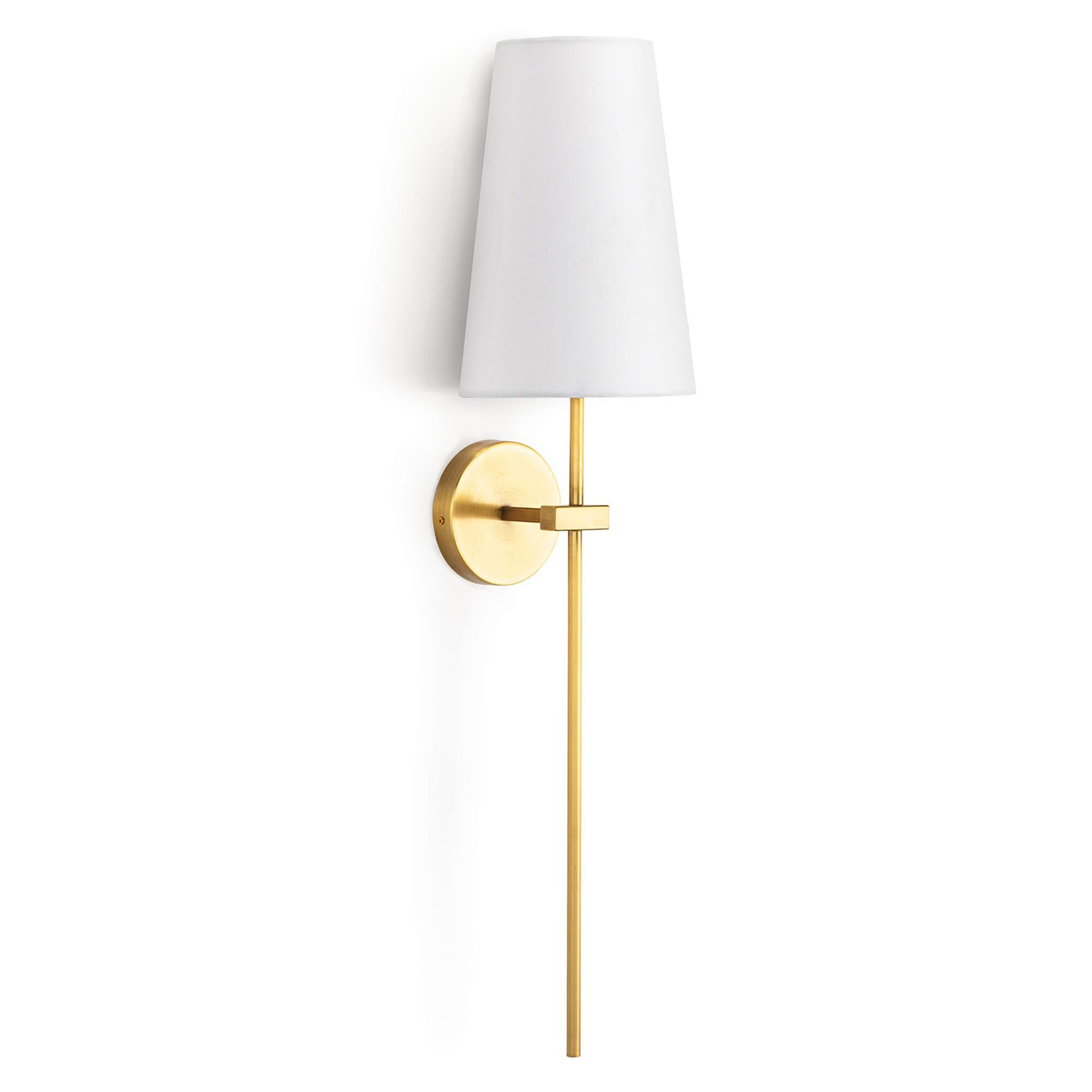 Shown in Natural Brass finish and Linen shade