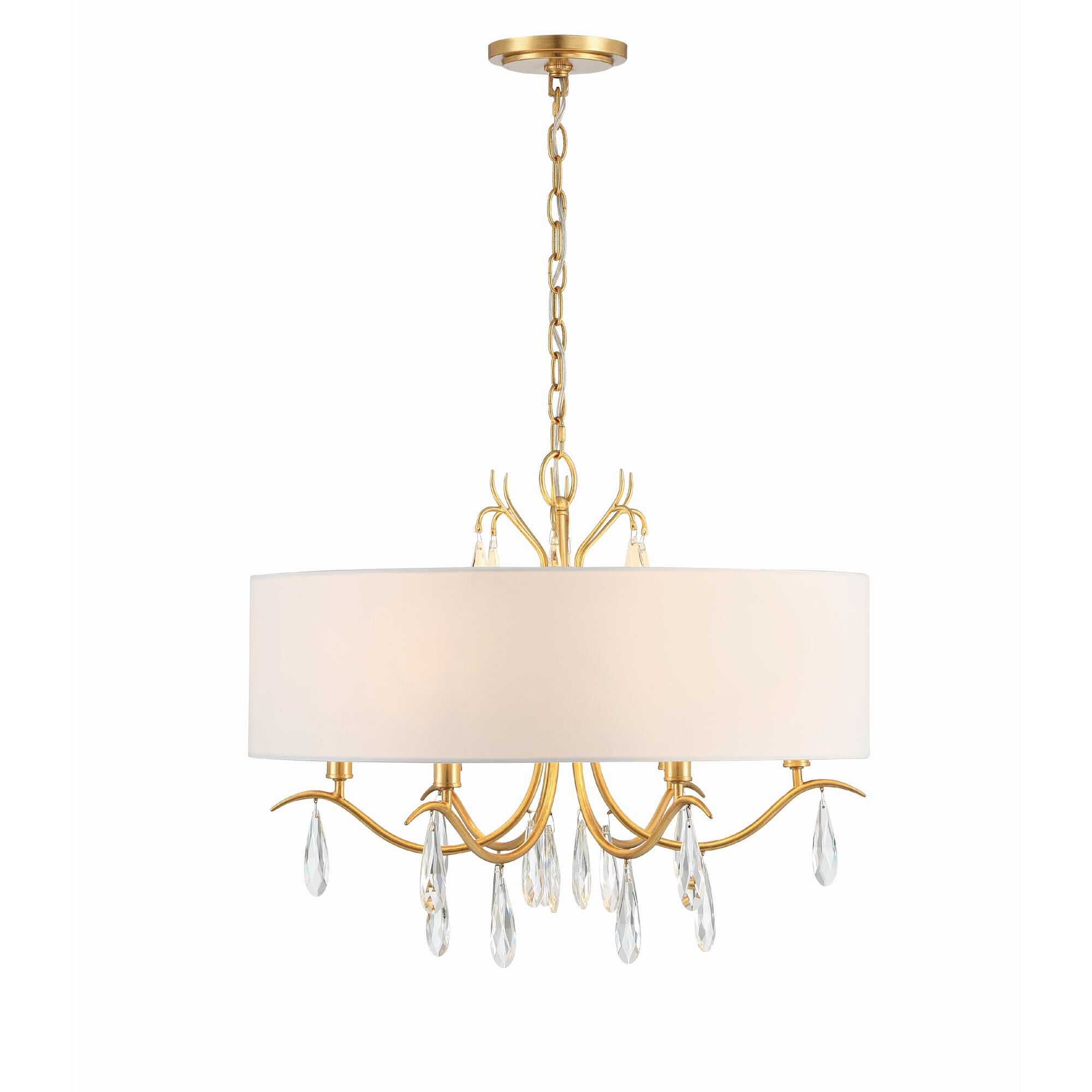 Shown in Antique Gold finish and Hand Cut crystal and Silk glass and Silk shade