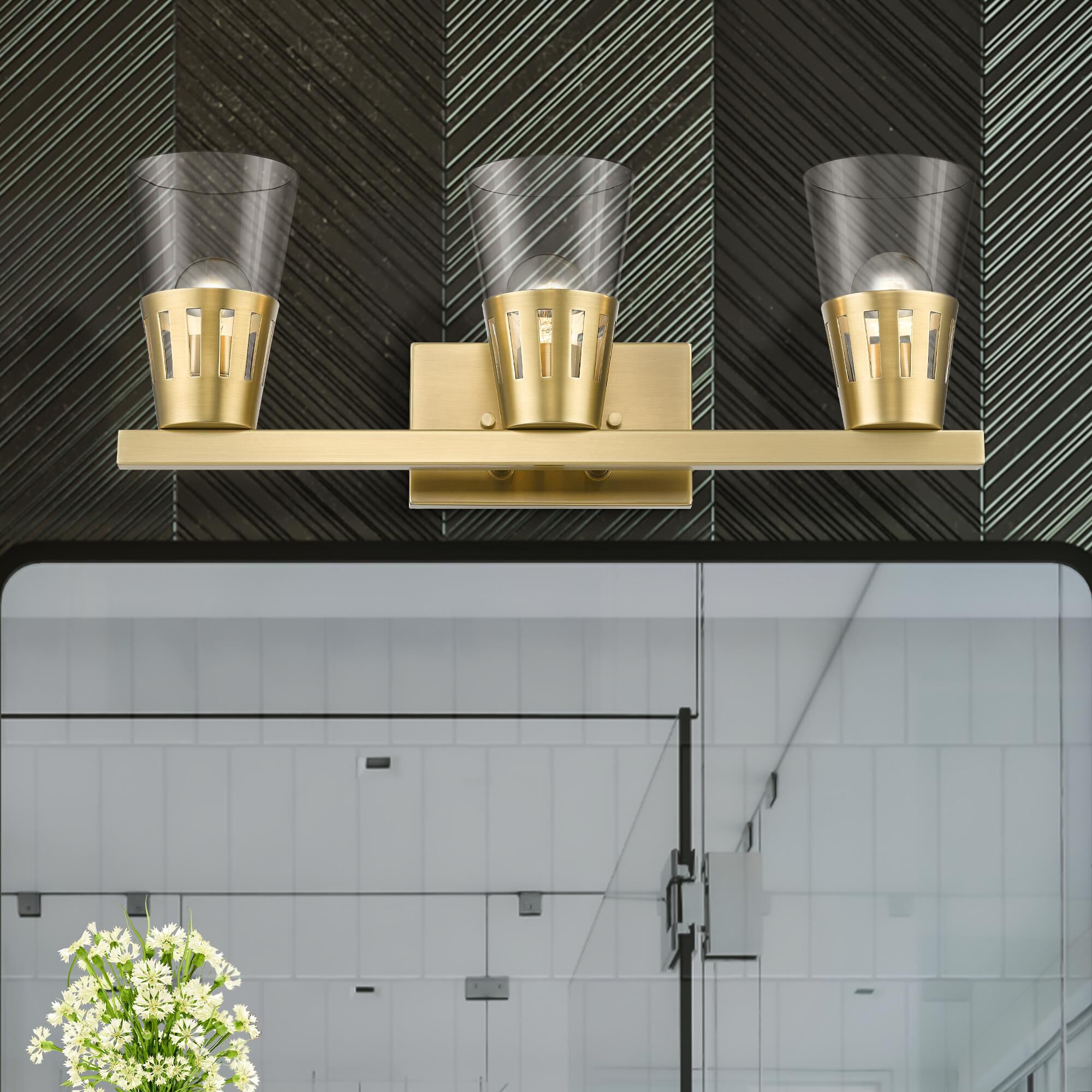 Shown in Natural Brass finish and Hand Blown Clear glass