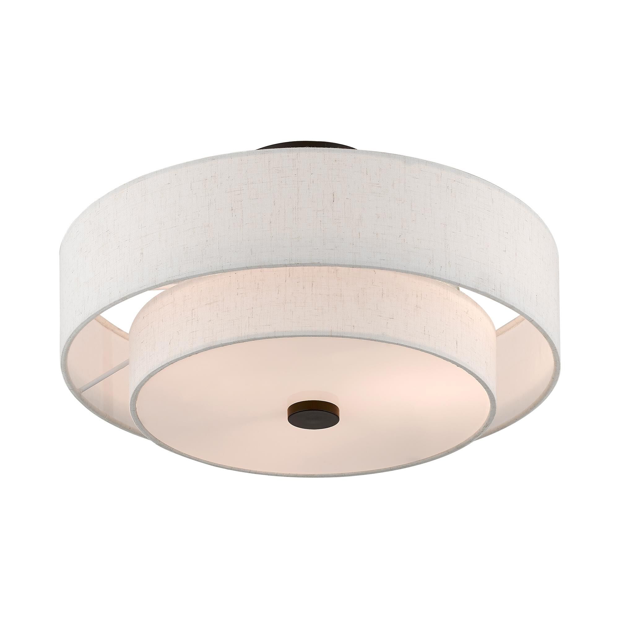 Shown in English Bronze finish and Hand Crafted Oatmeal Color Fabric Outside & White Fabric Inside Hardback shade