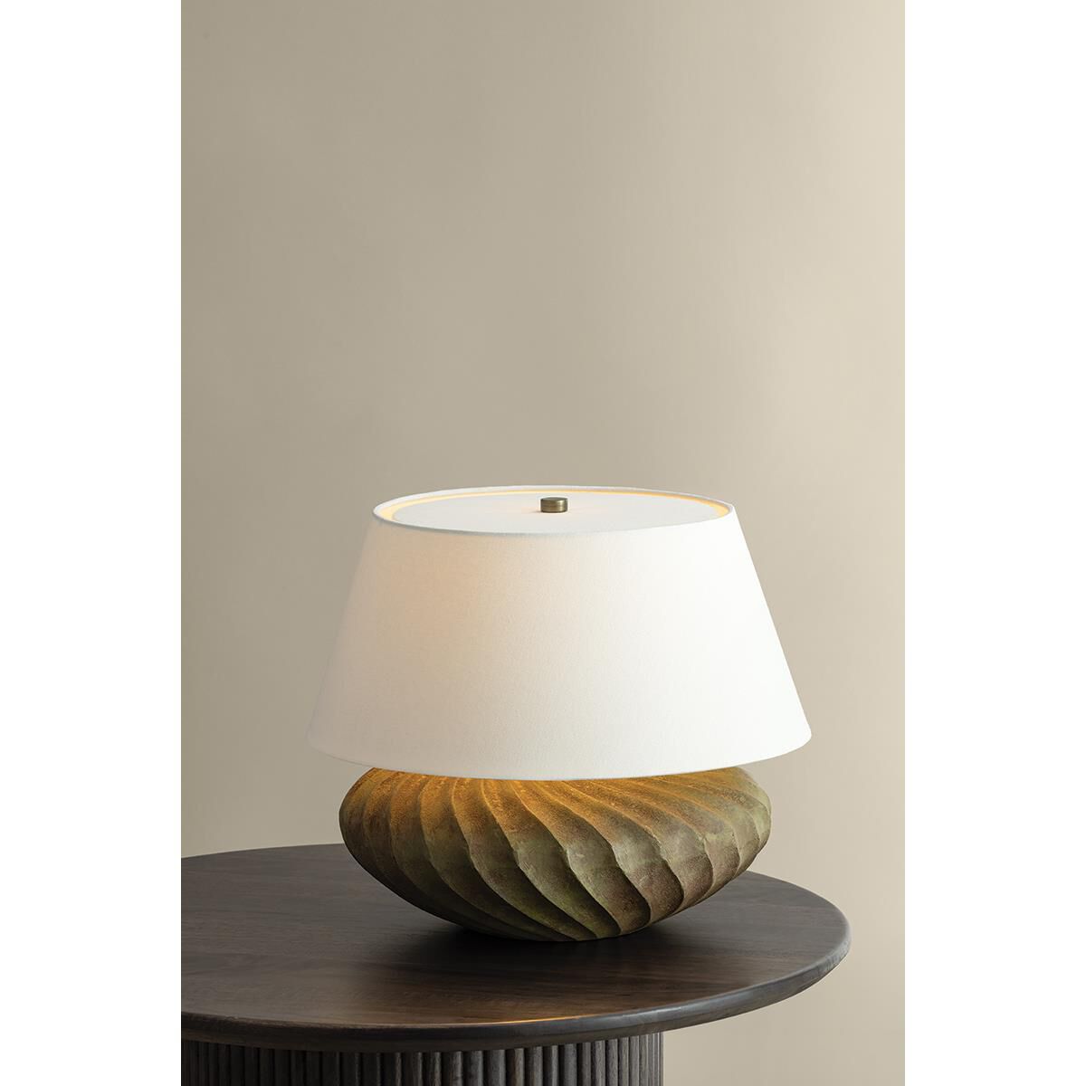Shown in Patina Brass finish and Off White Linen shade