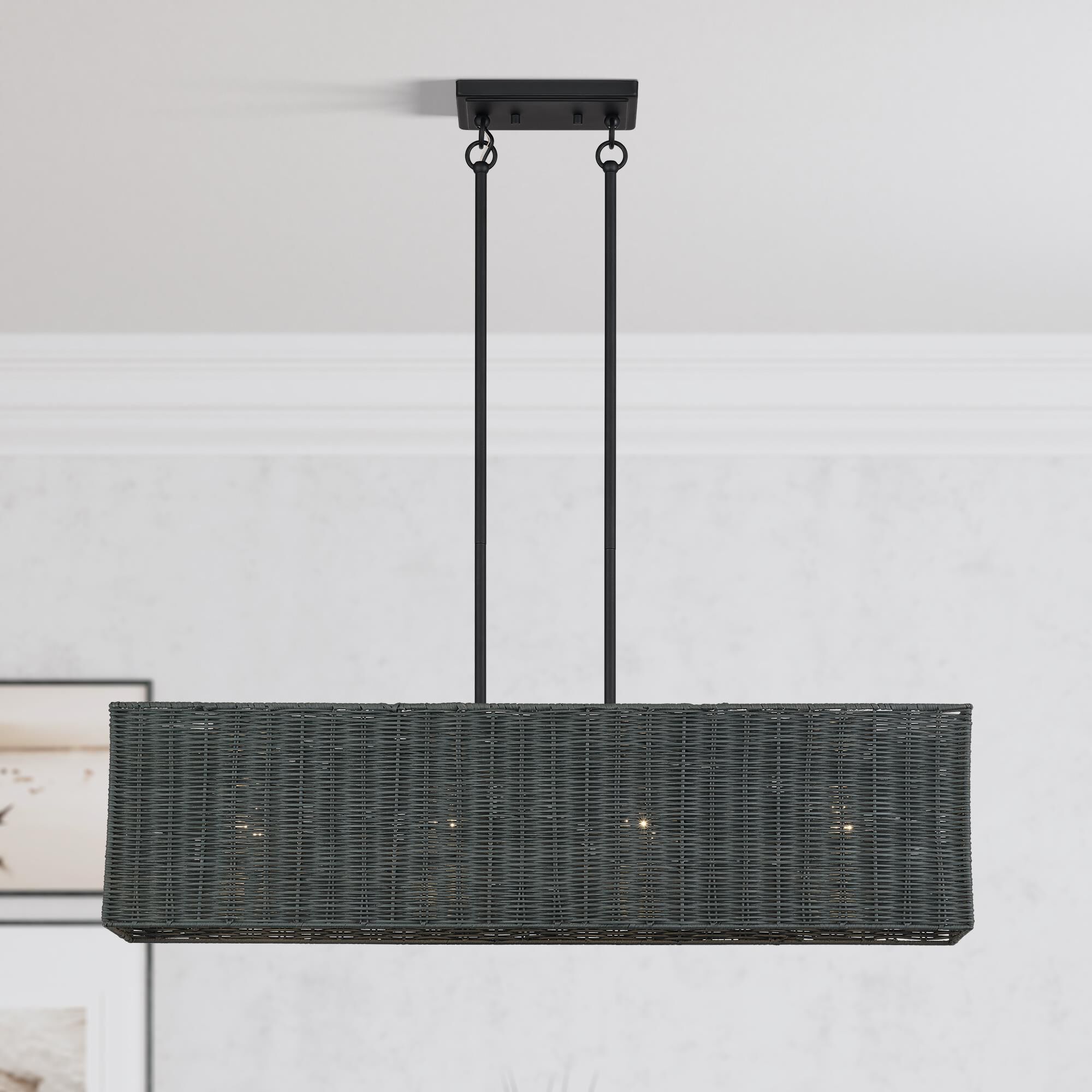 Shown in Black finish and Hand-Woven Charred Gray Color Rattan shade